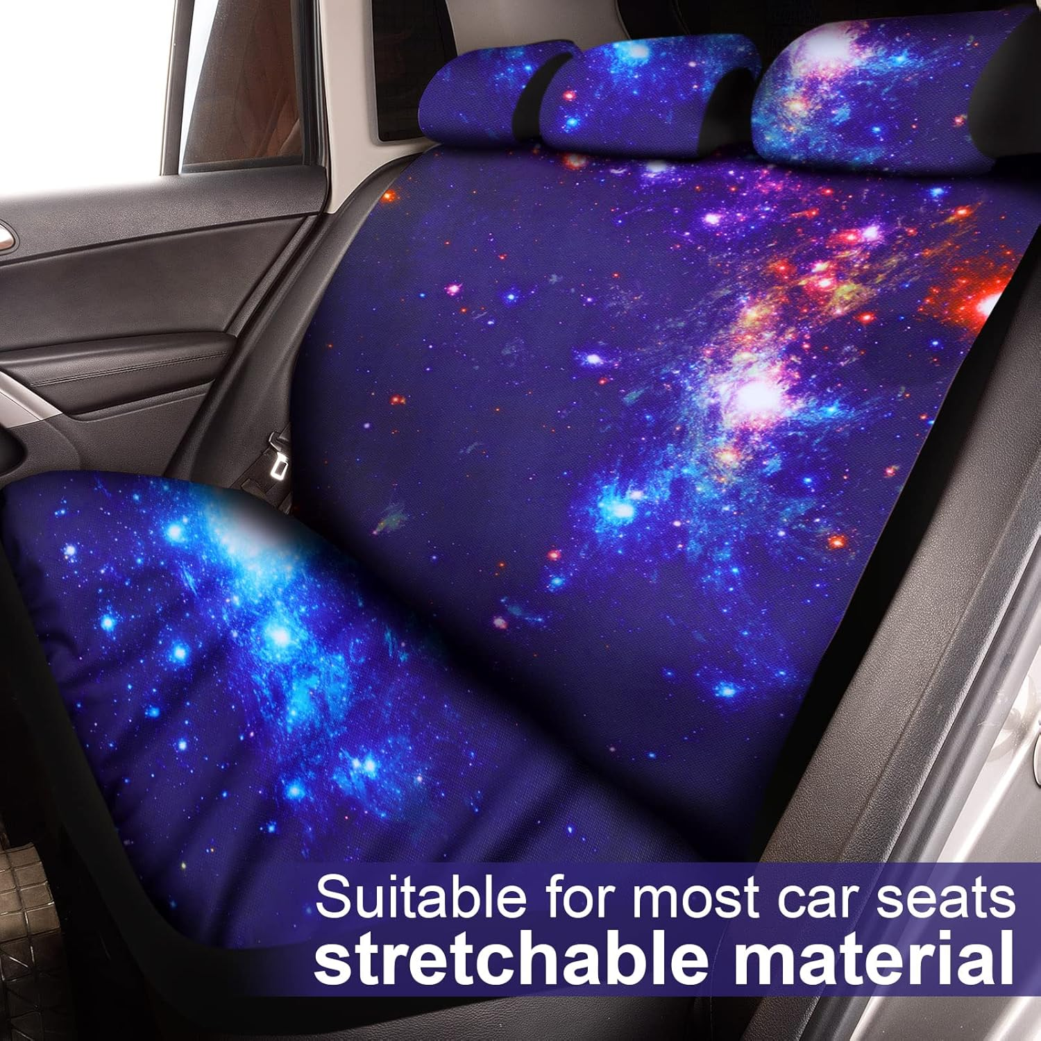 Frienda 15 Pieces Galaxy Car Seat Cover Steering Wheel Cover Universal Star Space Galaxy Car Accessories Separate Headrest Seat Belt Pads Fit for Auto Truck Van SUV