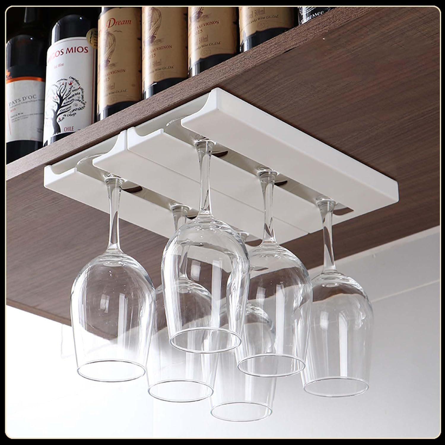 2 Pack Self Adhesive Wine Glass Rack,Wine Glass Rack, Punch-Free under Cabinet Stemware Wine Glass Holder Glasses Storage Hanger Plastic Organizer Stemware Racks (White) image number 3