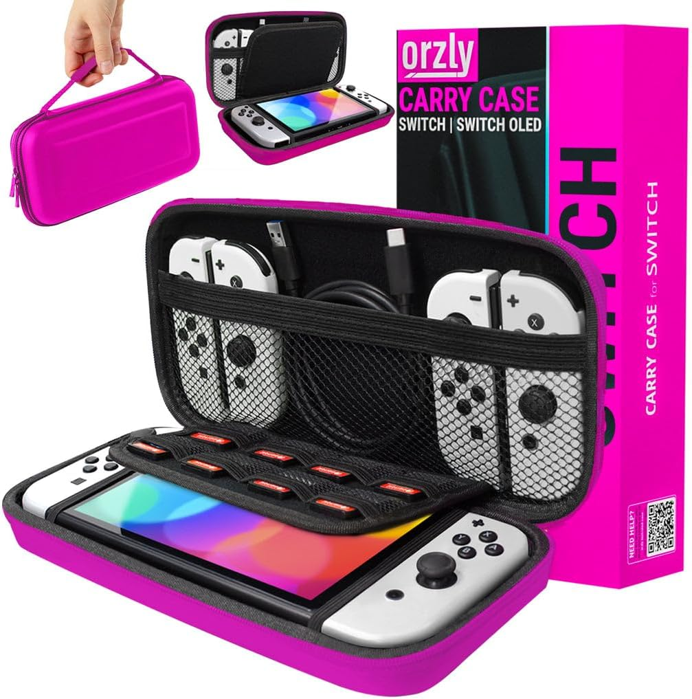 Orzly Carrying Case for Nintendo Switch OLED and Switch Console - Pink Protective Hard Portable Travel Case Shell Pouch for Nintendo Switch Console & Accessories