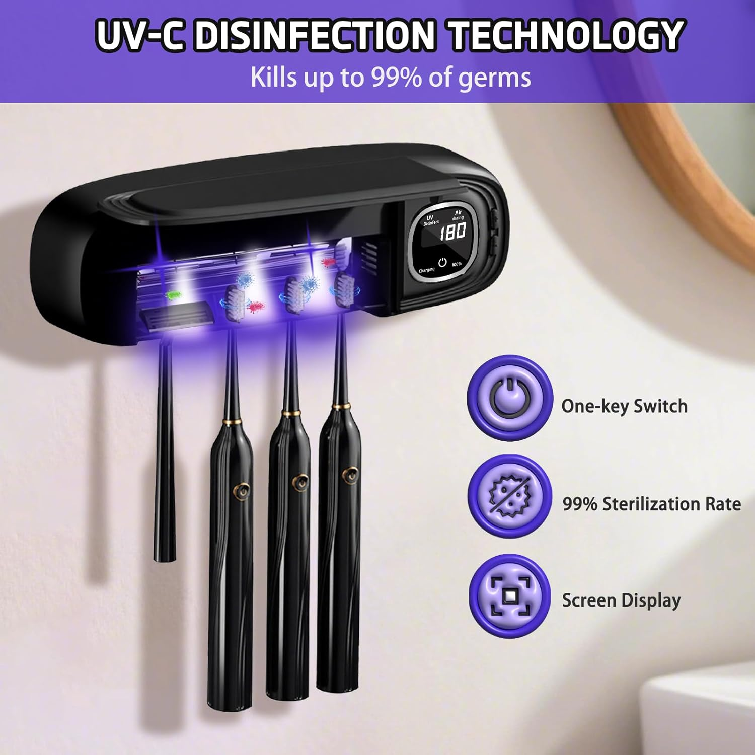 Toothbrush Sanitizer and Holder, UV Toothbrush Holder with Air Drying Function, Rechargeable LED Tooth Brush Holder Wall-Mounted for Bathroom, Timer Function, No Drilling, 4 Slots (Black) - Black image number 2