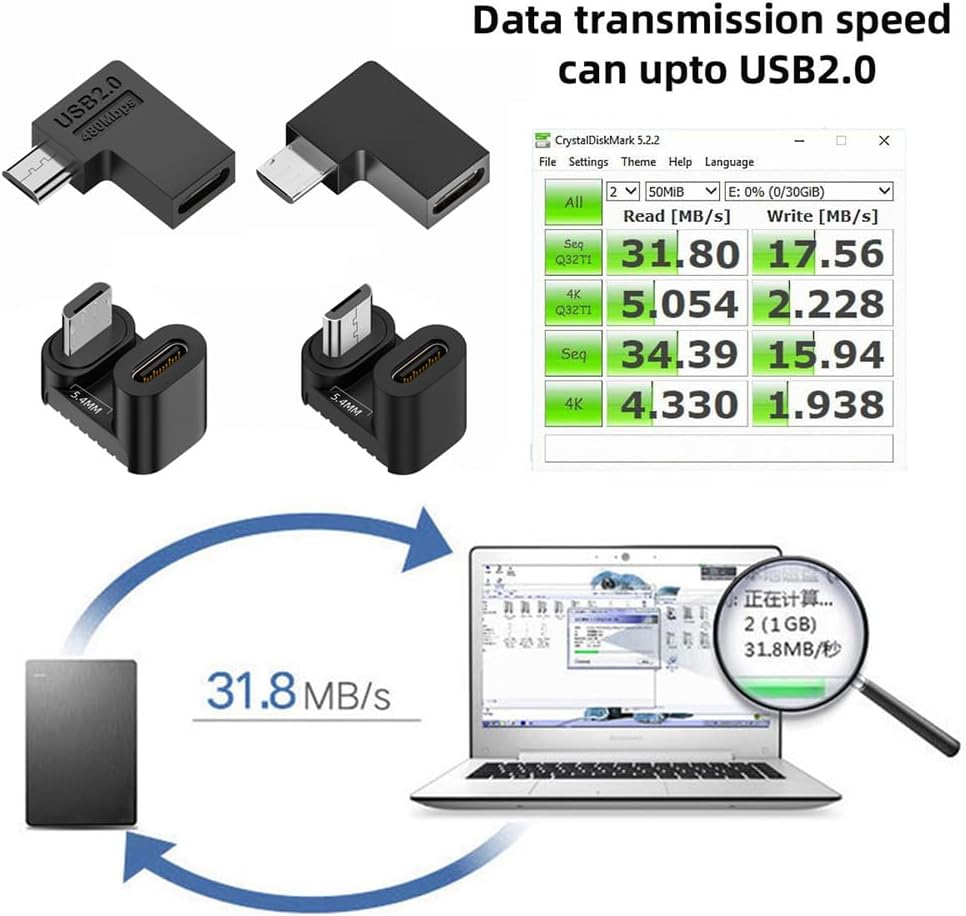 Xiwai 90/360 Degree Angled USB-C to Micro USB Adapter 4 Pack, USB2.0 Type C Female to Micro USB Male Power Data Adapter(Right & Left &Up & Down) for Phone Tablet image number 3