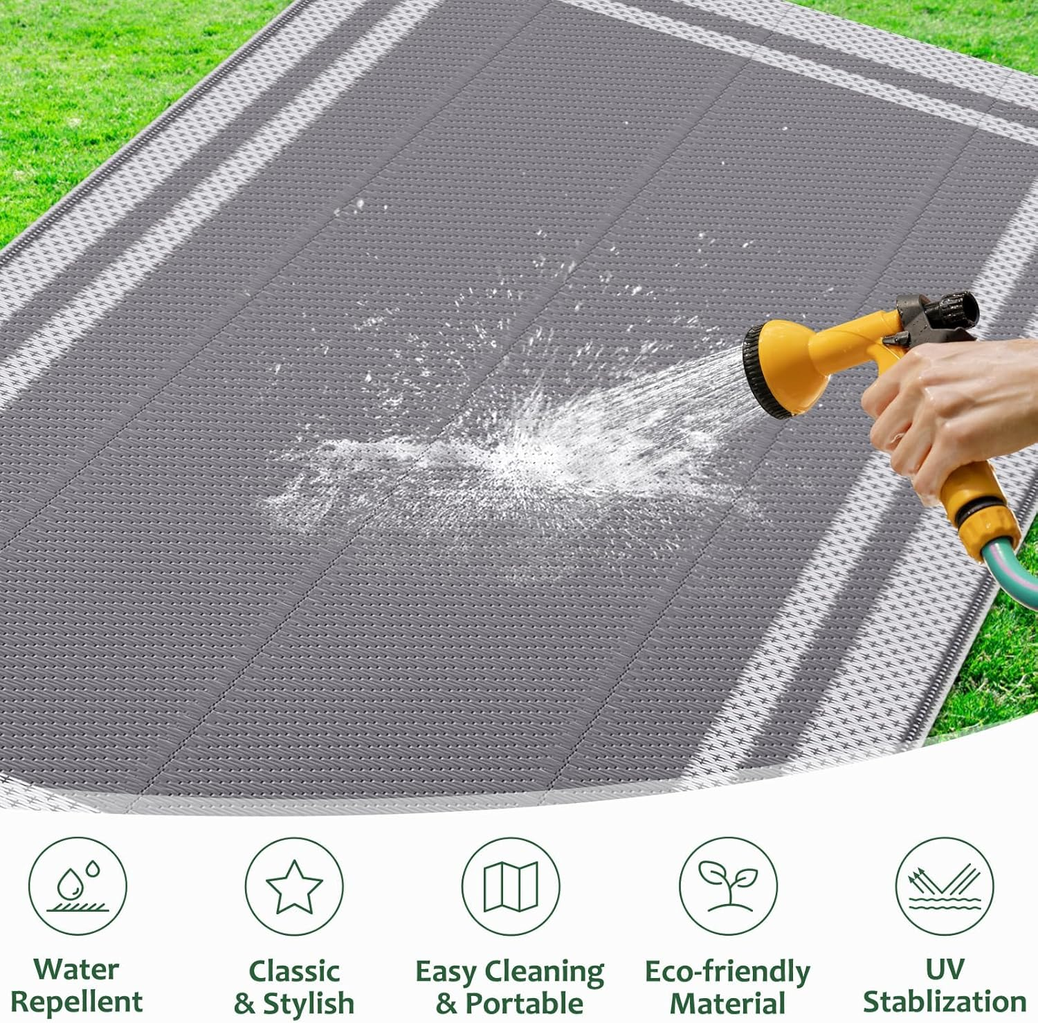 Happytrends Outdoor Rug Reversible Portable Plastic Straw Camping Rugs for outside Rv,Large Waterproof Outdoor Area Rugs for Patio,Deck,Porch,Balcony(5'X 8',White&Gray) image number 1