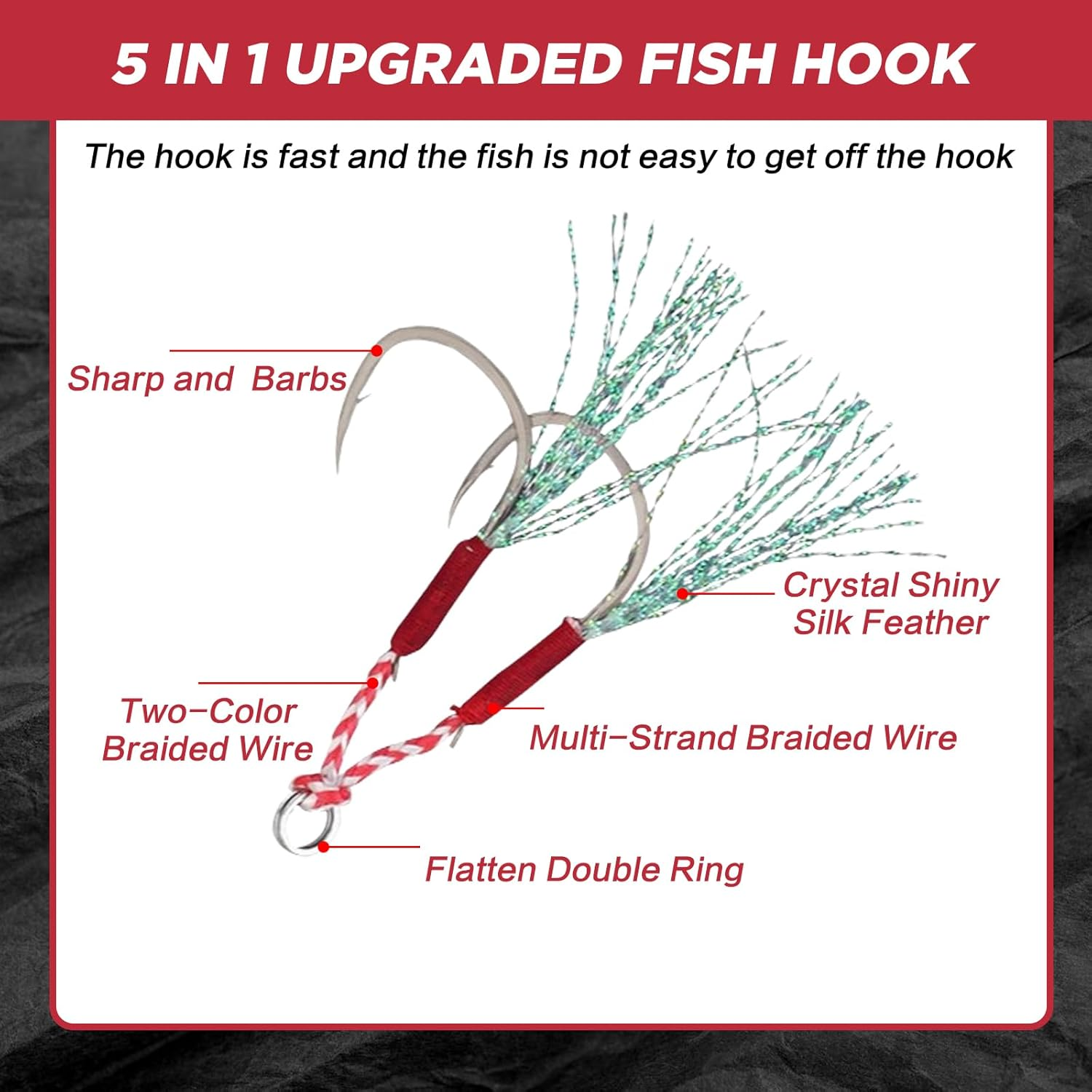 EWEIS 50 Pcs Alloy Reinforced Ddouble Fishing Hooks Kit for Slow Fast Jigs Jigging Lure Hooks,Strong Butterfly Fishing Jigs Hooks for Fishing Lures with Carbon Steel Barb Hook image number 2