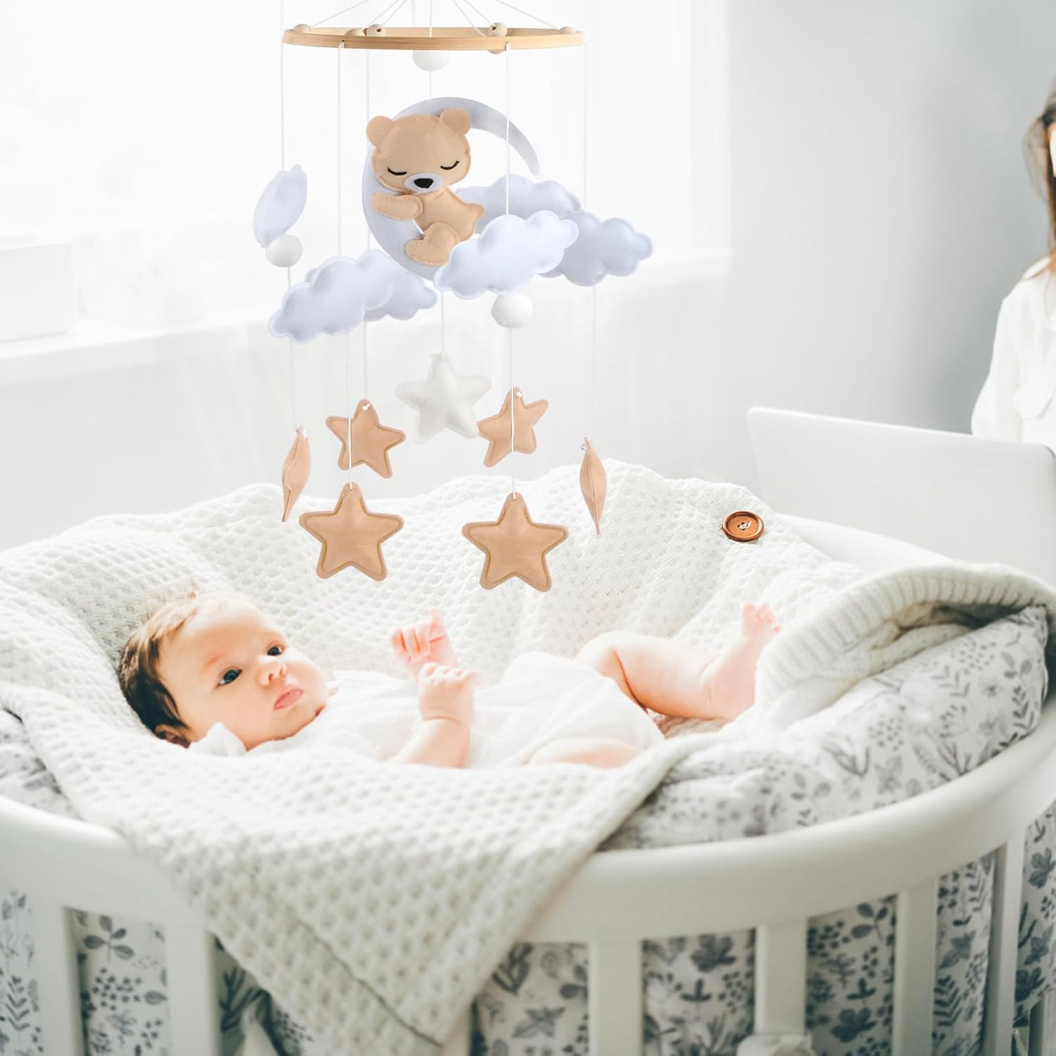 Felt & Wood Baby Mobile for Baby Cot - Snoozing Bear, Handmade, Montessori Hanging Mobile, Sensory Toy for Newborns, Nursery Decoration, Baby Shower Gift (Brown) image number 3