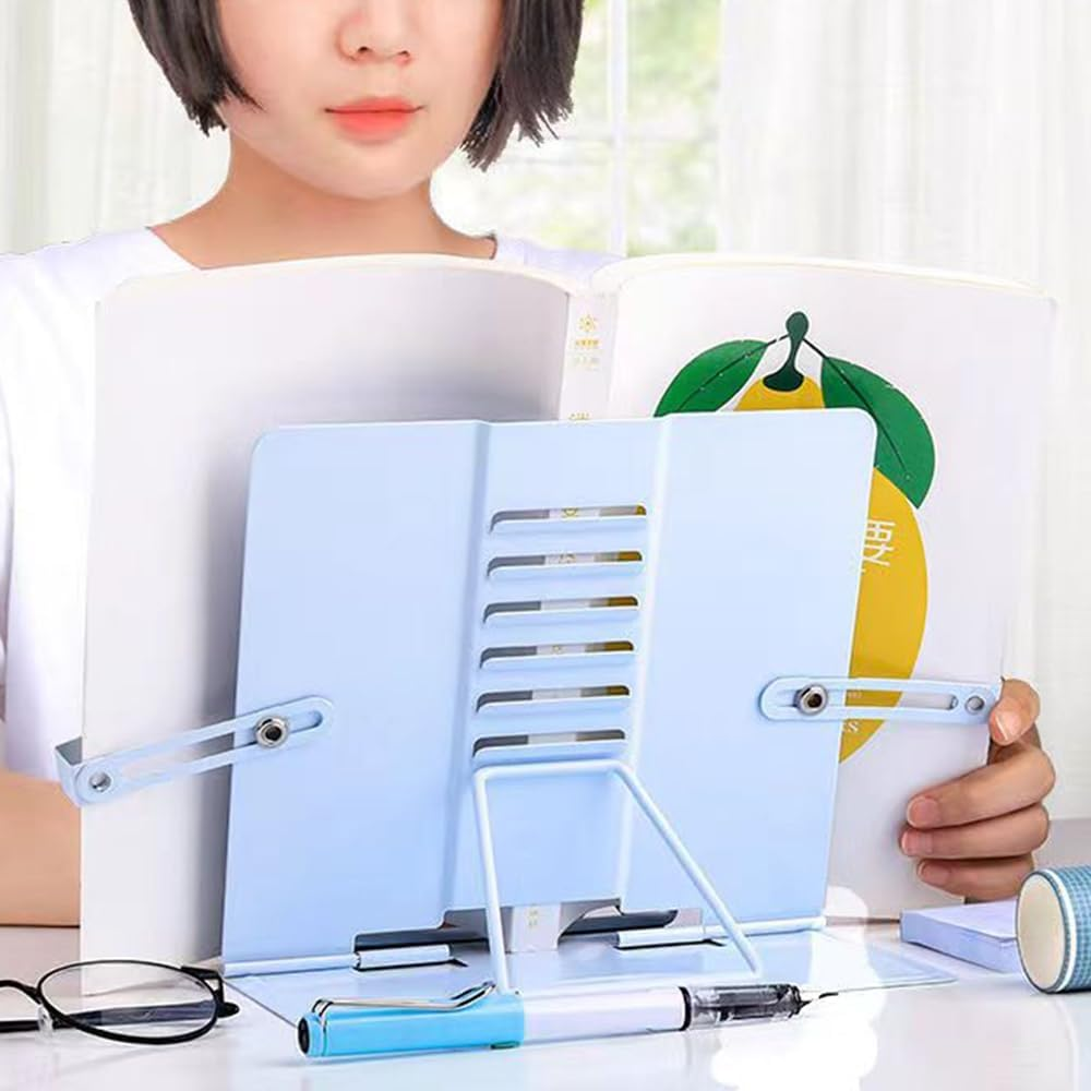 Hbluefat Metal Book Stand with Fixing Clips Folding Reading Book Holder,Sturdy Desktop Rest Book Holder for Cookbook,Magazine,Laptop,Tablet (Blue) image number 4