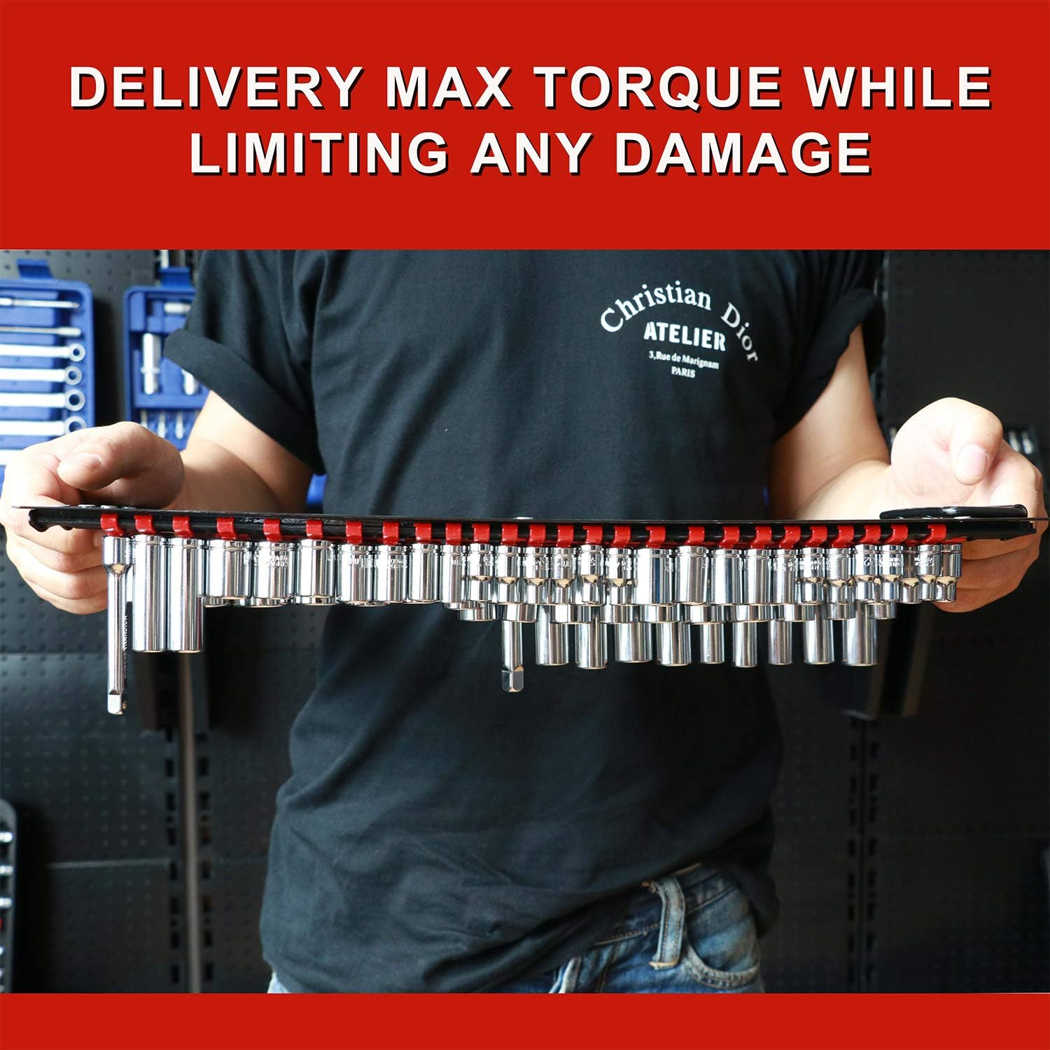 CASOMAN 80-Piece Portable Socket Organizer Tray, 1/4-Inch, 3/8-Inch, 1/2-Inch,Heavy Duty Socket Rail, Black Rails with Red Clips image number 3