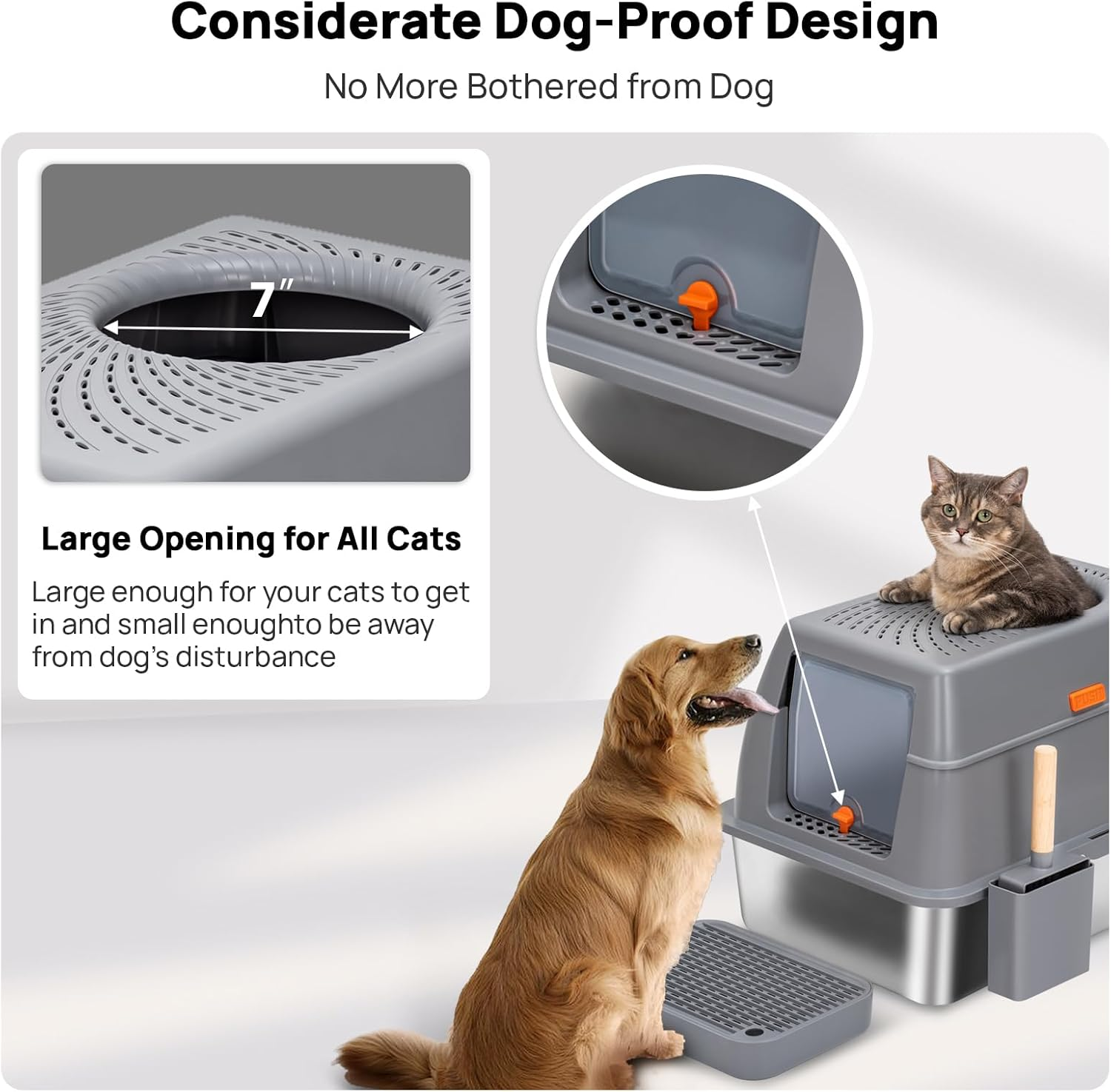 Stainless Steel Litter Box with Lid, SUS304 Metal Cat Litter Box, Enclosed Extra Large Kitty Litter Box High Wall, Jumbo Cat Litter Box with Triple Pedal, Non-Sticky, Anti-Leakage (XL Gray) - Grey image number 3