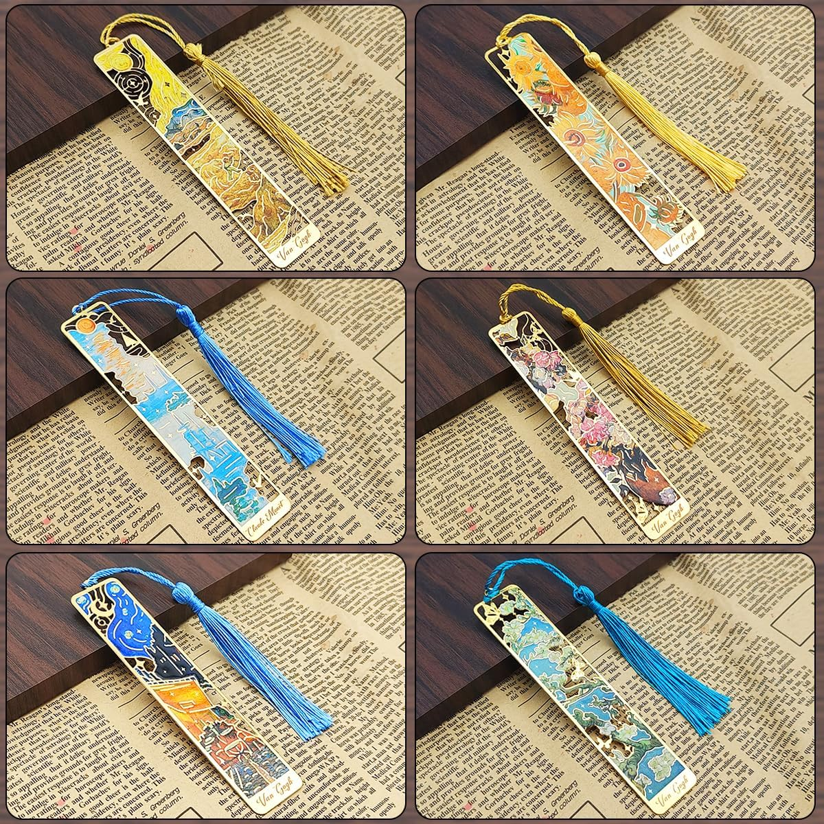 6 Pcs Metal Bookmark with Tassels, Finegood Golden Hollow Bookmarks for Women Oil Painting Book Marks for Reading Book Lovers image number 5