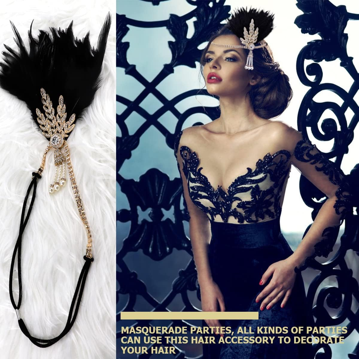 FERCAISH 1920S Flapper Headband, Roaring 20S Black Crystal Headband Bachelor Party Headband, Great Hair Accessories for Women - Gold image number 3