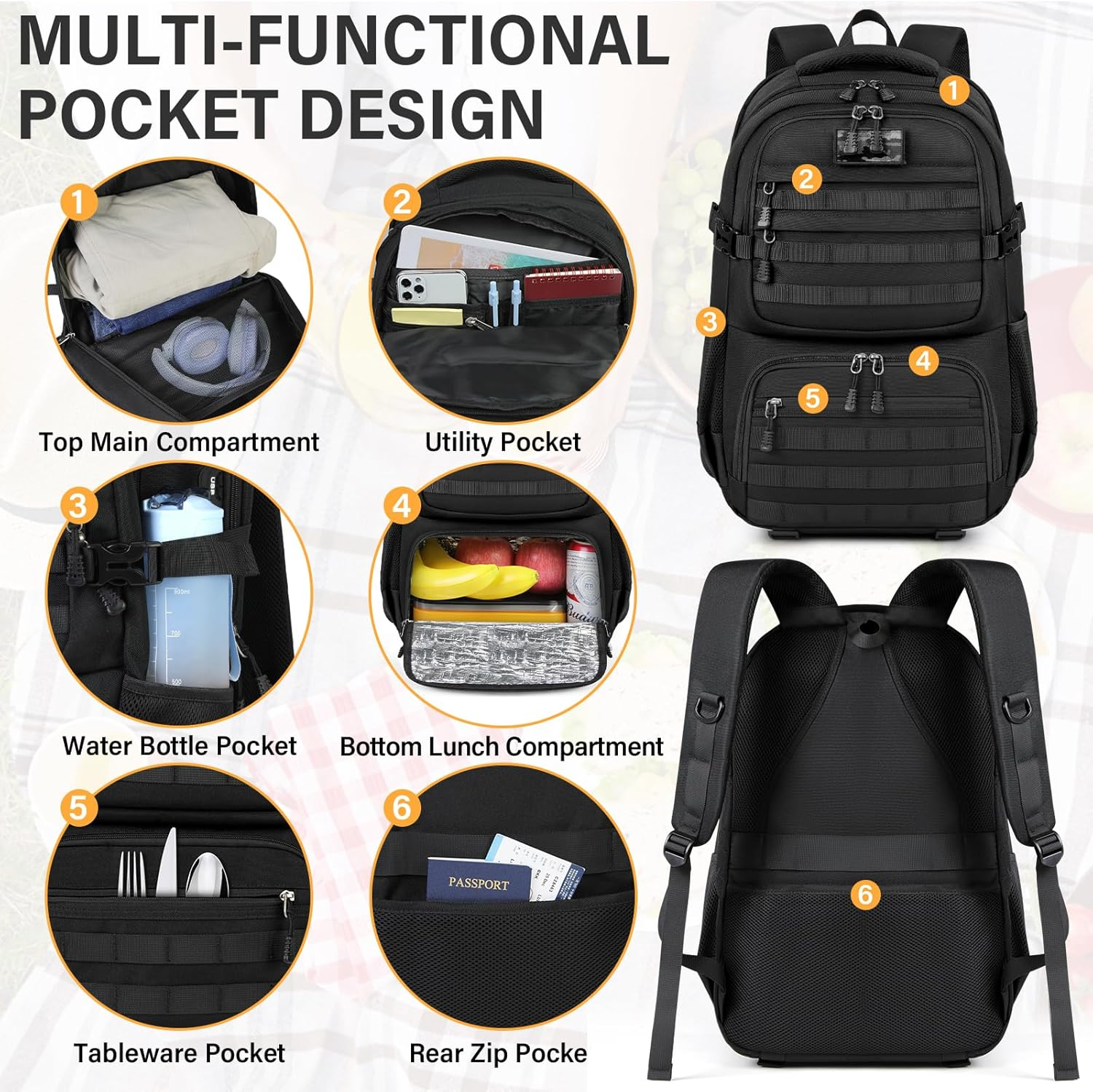 Lunch Backpack for Men & Women 17.3 Inch Laptop Backpack with USB Charging Port Waterproof Tactical Work Backpack with Insulated Lunch Bag for Travel, College, Business with MOLLE Design image number 6