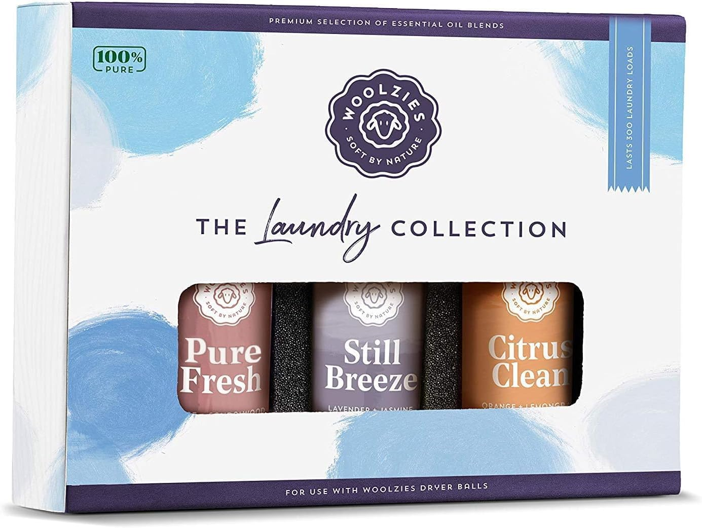 Woolzies Laundry Collection Essential Oil Set | 100% Pure Therapeutic Grade Aromatherapy Oil | Use with Wool Dryer Balls or Oil Diffuser | Gift Set Includes Petal Fresh, Still Breeze, Citrus Clean image number 1