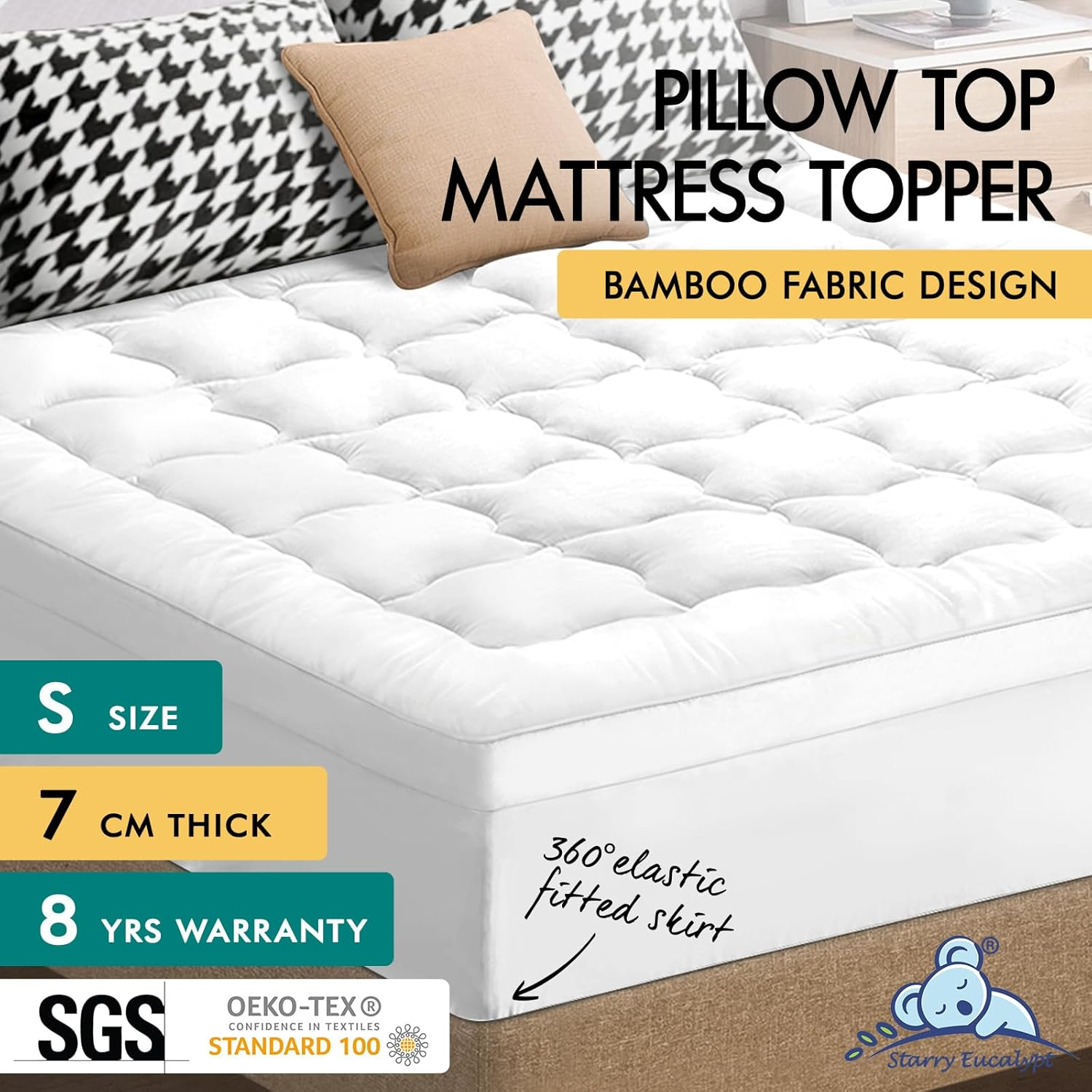 STARRY EUCALYPT Single Size Pillow Top Mattress Topper 7Cm Thick with Fabric Cover, 1000 GSM Microfibre Bamboo Fibre Filling Beddings Bed Pillowtop Mat Pad(White)