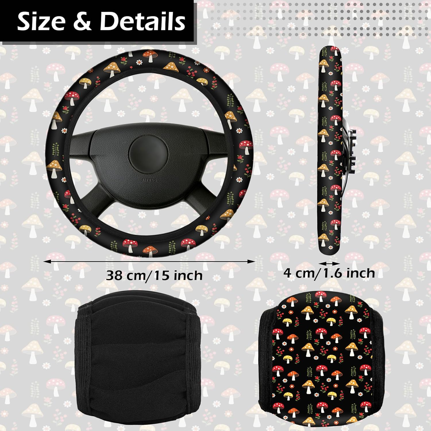 Riakrum 17 Pcs Mushroom Car Seat Covers Mushroom Car Accessories Full Set for Women Men Automotive Rear Front Seat Protector View Mirror Hanging Ornament Steering Wheel Belt (Cute Retro Mushroom) image number 2