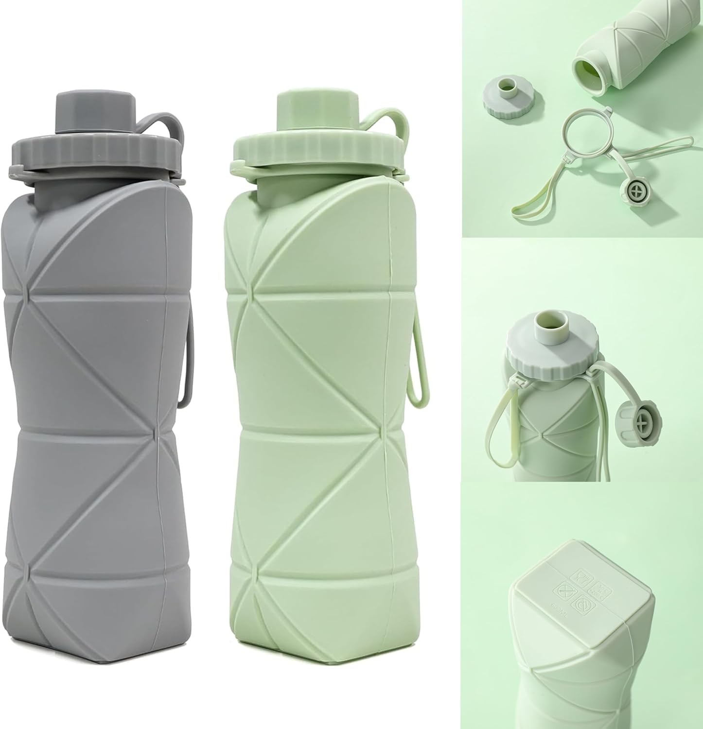 (2 Pack) MDHWL Collapsible Water Bottle for Travel [Double Leak-Proof Design] [Cap with Safety Rope] BPA Free Silicone Foldable Water Bottle for Outdoor Hiking Sports Lightweight, Couple (Green+Grey) image number 1