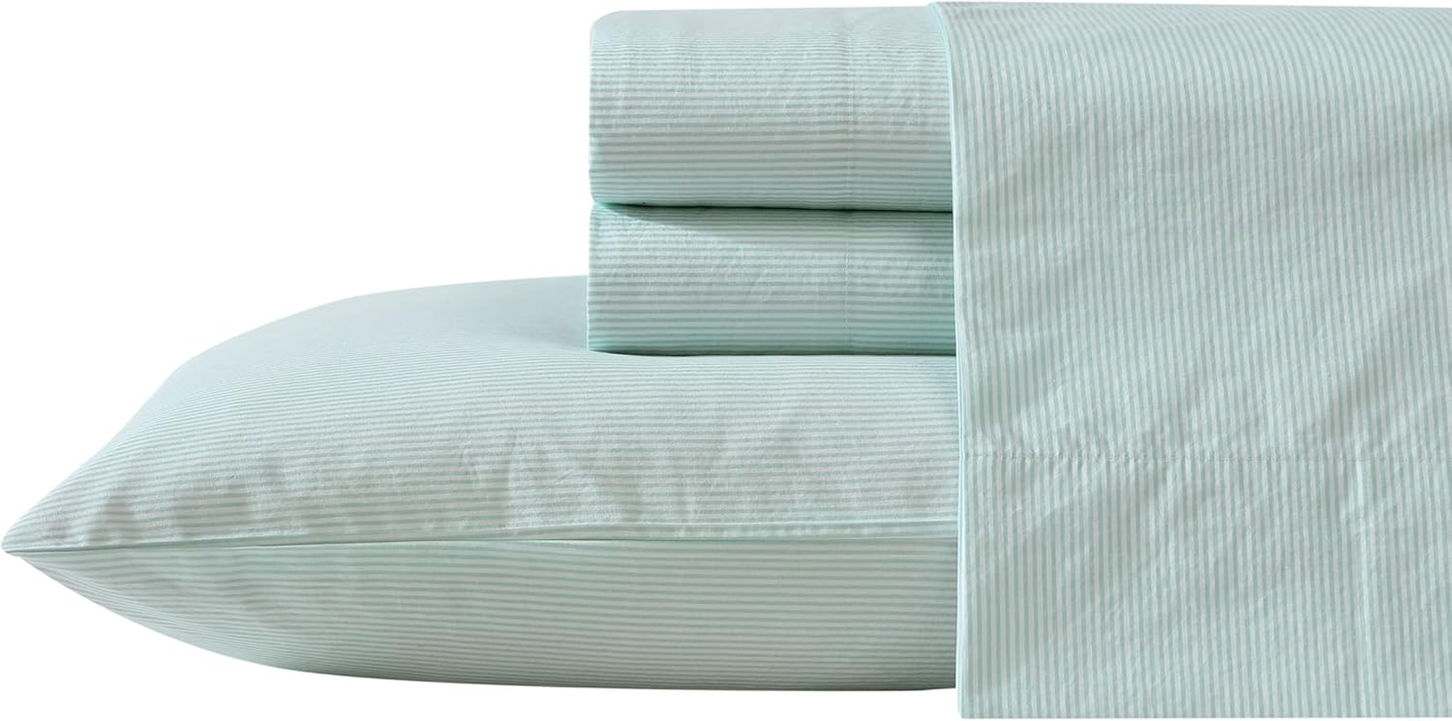 Nautica - Queen Sheet Set, Cotton Percale Bedding Set, Crisp & Cool, Lightweight & Breathable (Penny Pinstripe White, Queen)
