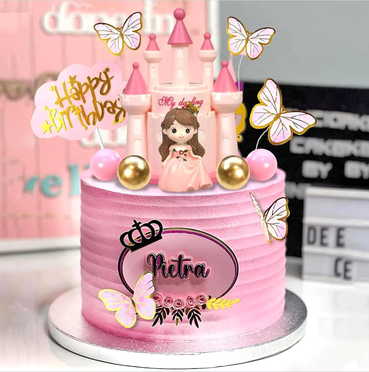 18 PCS Pink Princess Cake Topper Castle Cake Decoration with Butterflies and Balls for Girl Kid Happy Birthday Party Decorations Princess Baby Shower Supplies image number 4