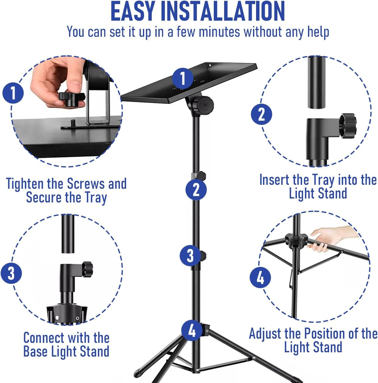 Projector Stand with Phone Holder, Adjustable 60-130CM Foldable Tripod Floor Stand for Projector/Laptop, Portable Home Theater & Office Studio Equipment for Movies, Stage, Outdoor Use image number 2