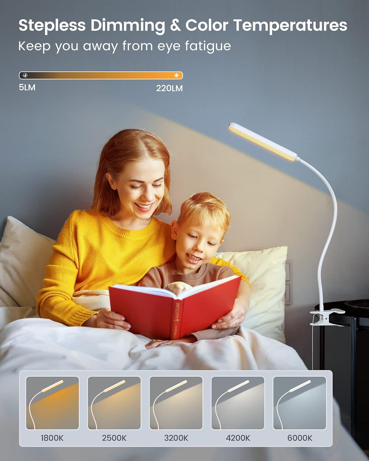 Glocusent 5W Clip on Light, 38 LED Eye Caring Book Lights for Reading at Night - 5 Color & 5 Brightness with a Remote, 30-Min Auto off Timer, Bed Headboard Clip on Lamp for Reading/Studying/Working image number 5