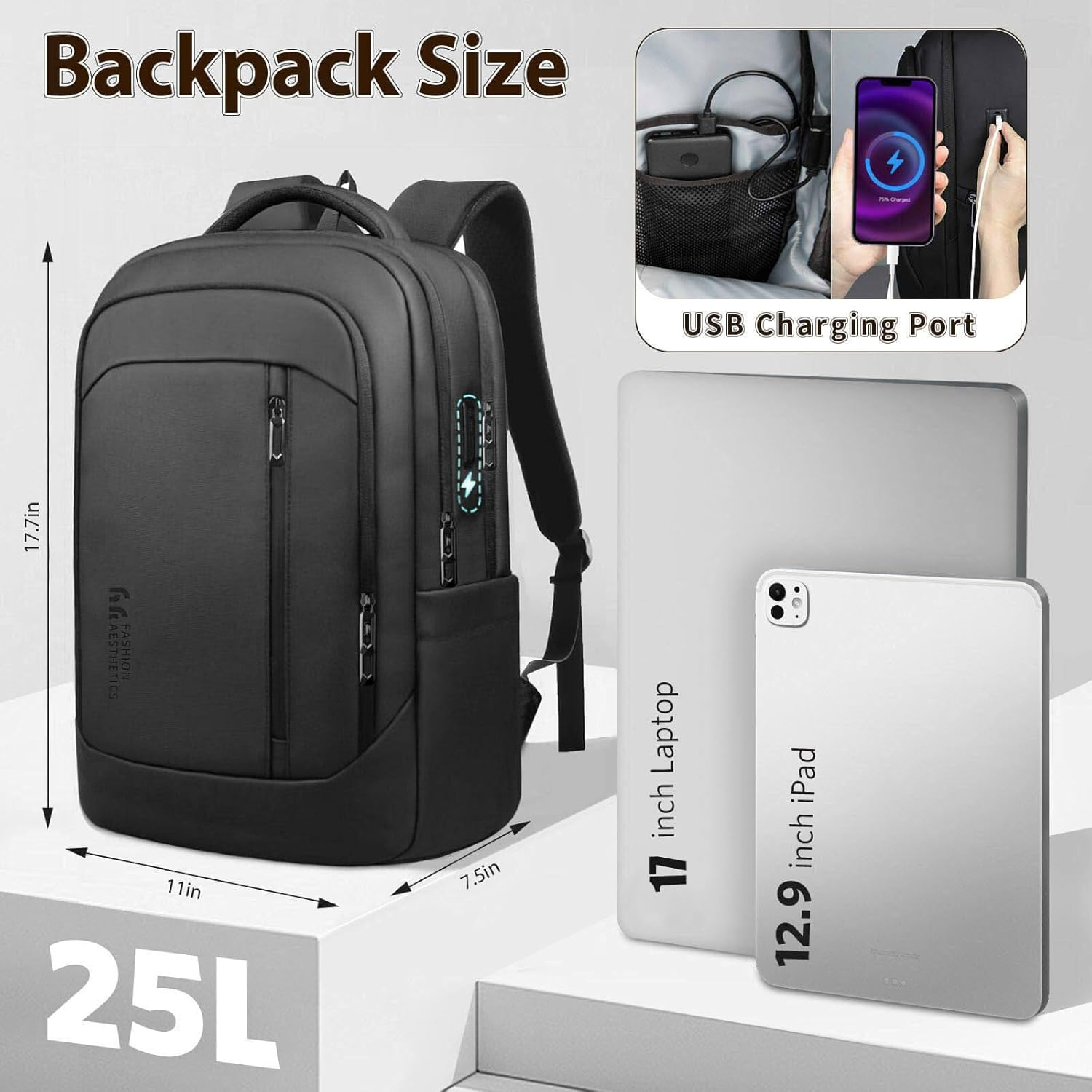 17 Inch Laptop Backpack for Travel, Business Laptops Backpack with USB Charging Port for Men/Women, Water Resistant Work Computer Backpack, Lightweight College Laptop Backpack Bag - Black