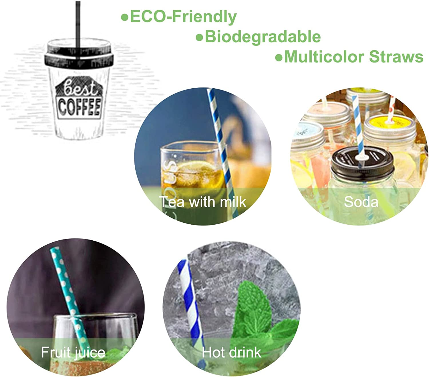 100PCS Biodegradable Paper Straws Bulk, Assorted Colors Drinking Straws for Juice, Shakes, Cocktail, Coffee,Soda, Milkshakes, Smoothies,Celebration Parties and Arts Crafts Projects DPS-100A image number 3