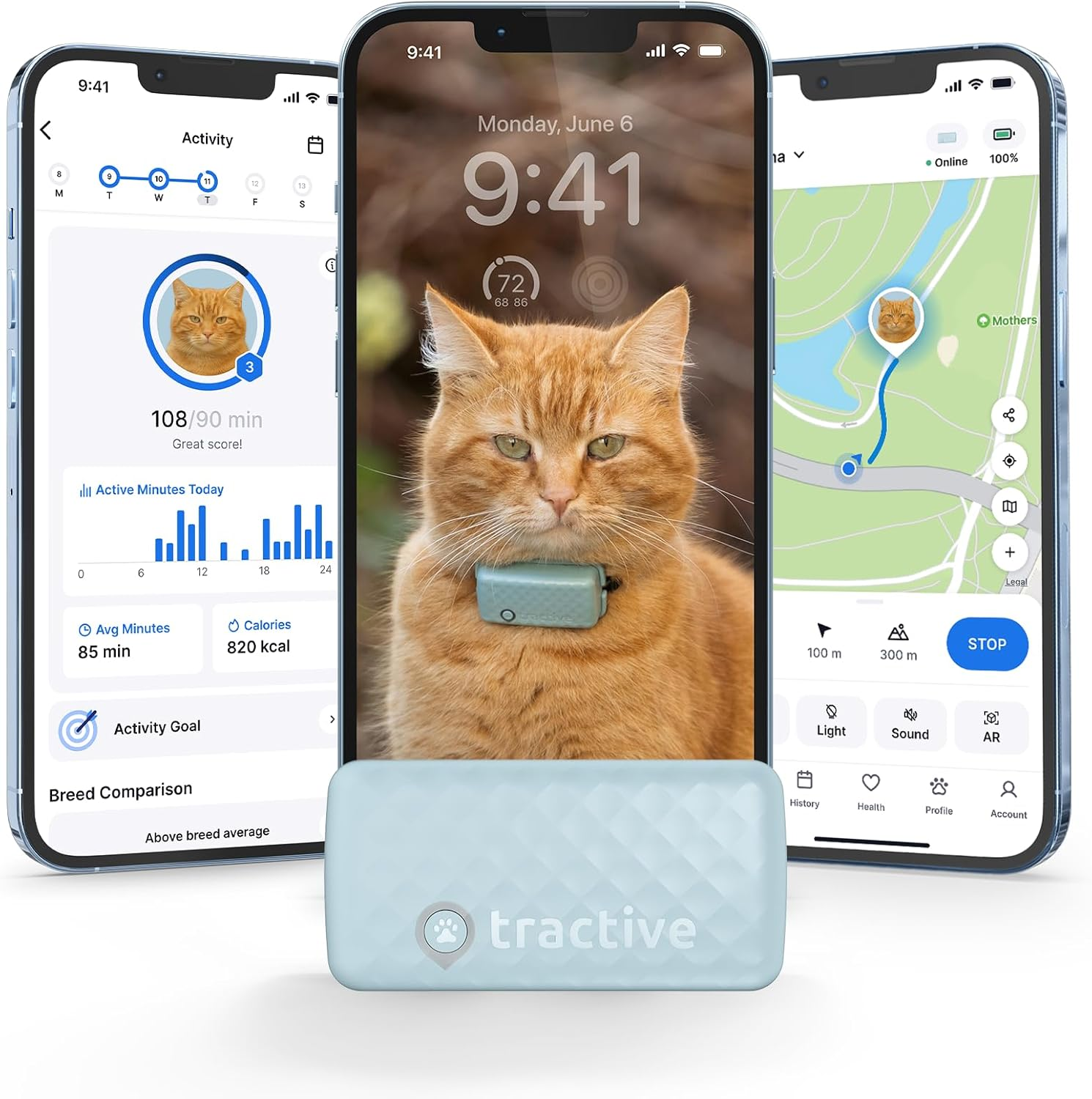 Tractive Smart Cat GPS Tracker | Real-Time Location & Wellness Monitoring for Cats 6.5 Lbs+ | Territory & Location History | up to 7-Day Battery | Breakaway Collar Included (Mint)
