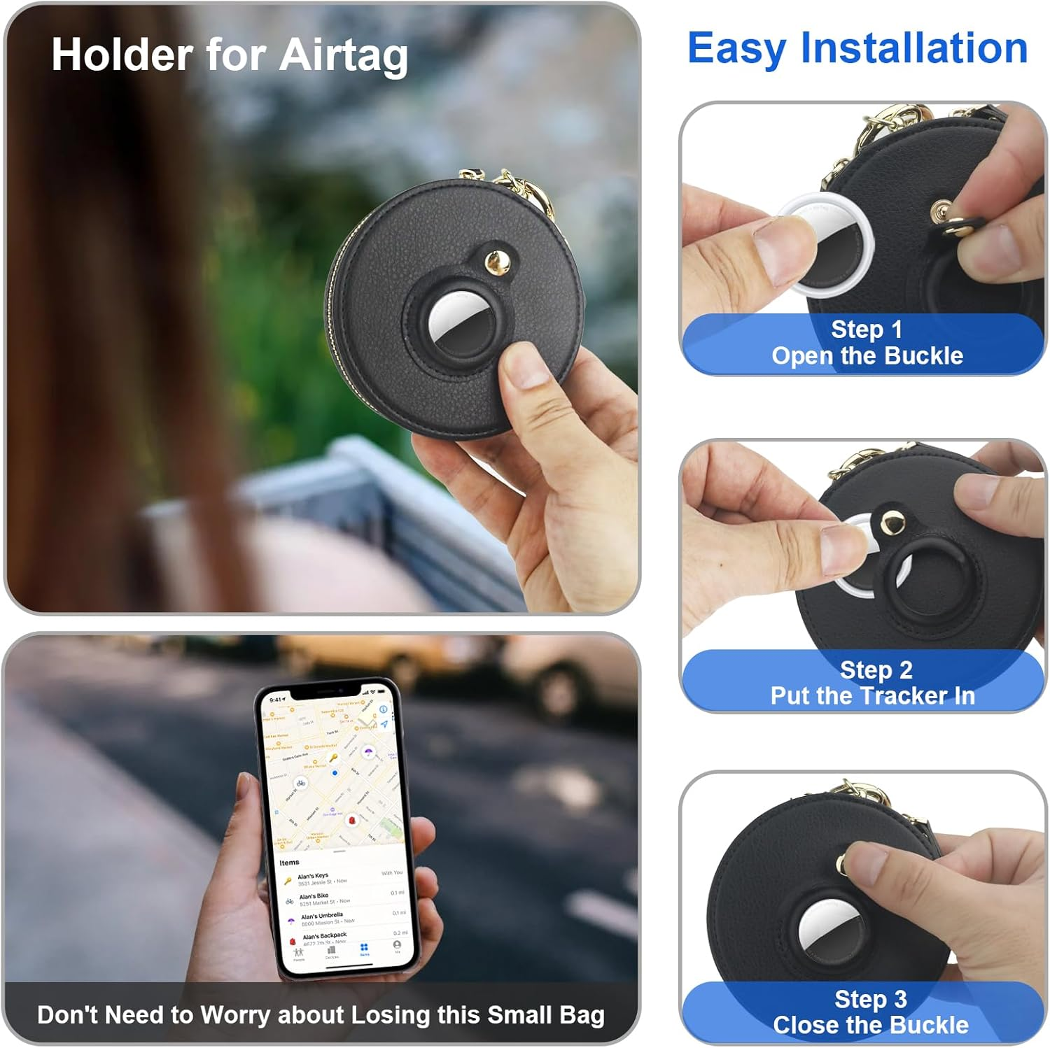 Bocasal Coin Pouch Mini Lipstick Cosmetic Bag with Airtag Holder Mirror, Leather Zipper Travel Makeup Bag Organizer Keychain Ring Clasp for Keys Earbuds Earphone Lip Gloss Chapstick Women Girls, Black - Black image number 3