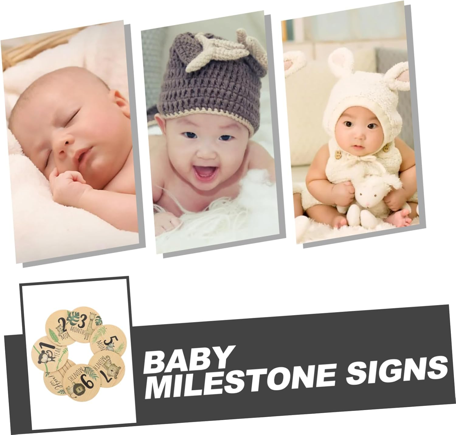 CLISPEED 7Pcs Milestone Cards Wooden Double Sided Photo Props Newborn Announcement Signs for Months Name Milestone Cards Welcome Plaque for Parents image number 1