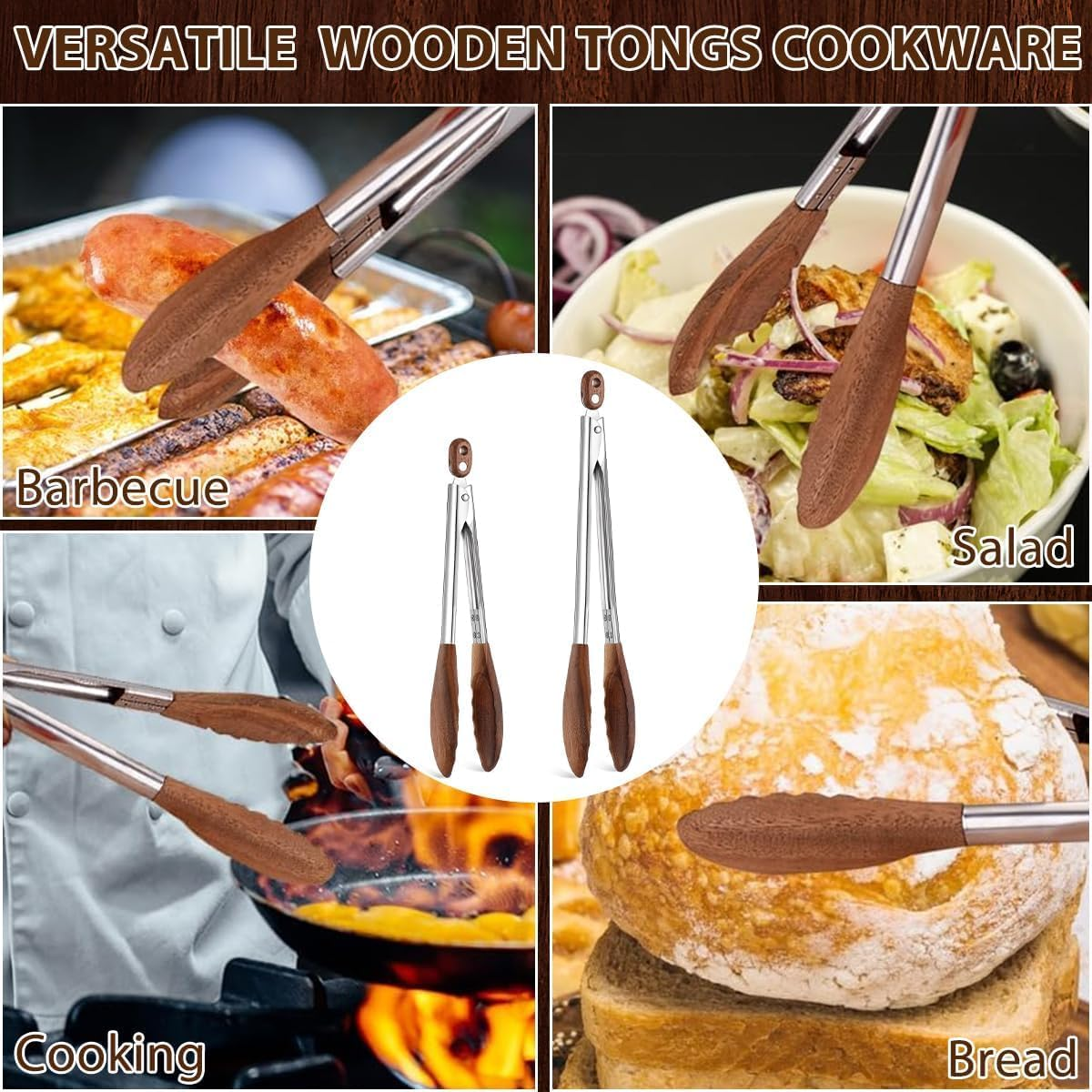 Phoselpida Kitchen Tongs Set - 9" & 12" Anti-Slip Long Wooden Cooking Tongs for BBQ, Grilling, Salad Tossing & Serving - Heat Resistant, Non-Stick Stainless Steel Handles with Hanging Hole image number 5