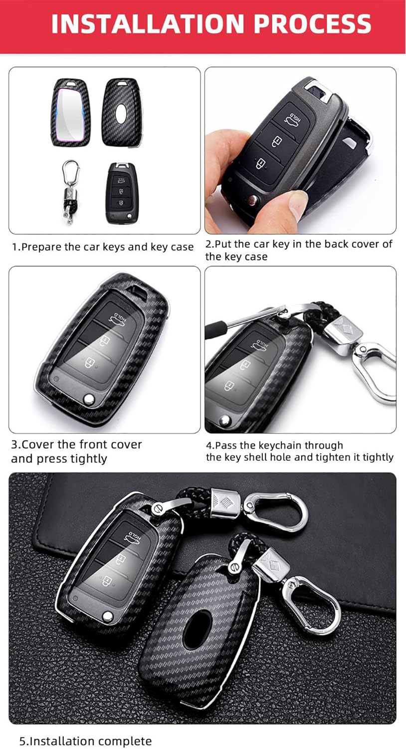 Ontto ABS Fold Car Key Fob Cover Keyring Fit for Hyundai Elantra I30 I30N I35 I40 I10 I20 Ix20 Solaris Tucson Kona Accent Keychain Key Shell Key Holder Accessories Protector 3 Button Carbon Black - Carbon Black image number 3