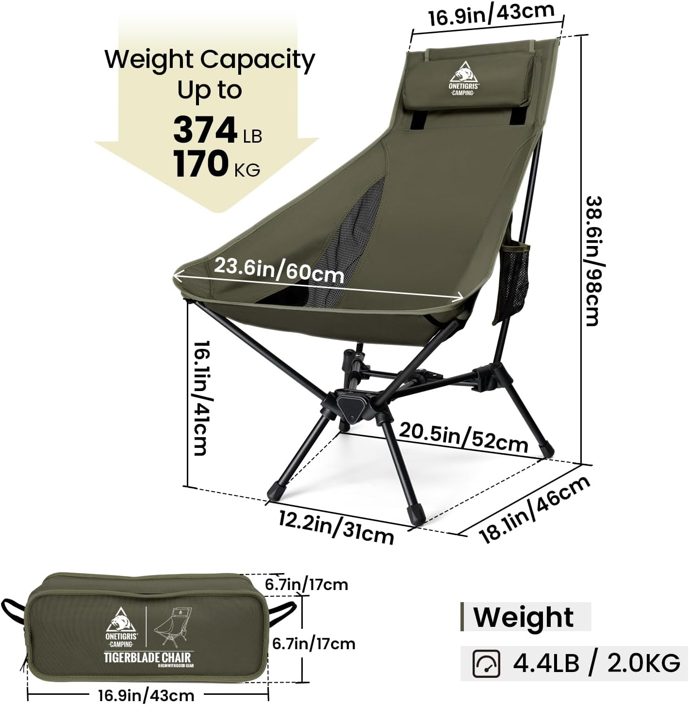 Onetigris Tigerblade High Back Camping Chair with Pillow Design, Comfortable Widened Seat Folding Chair