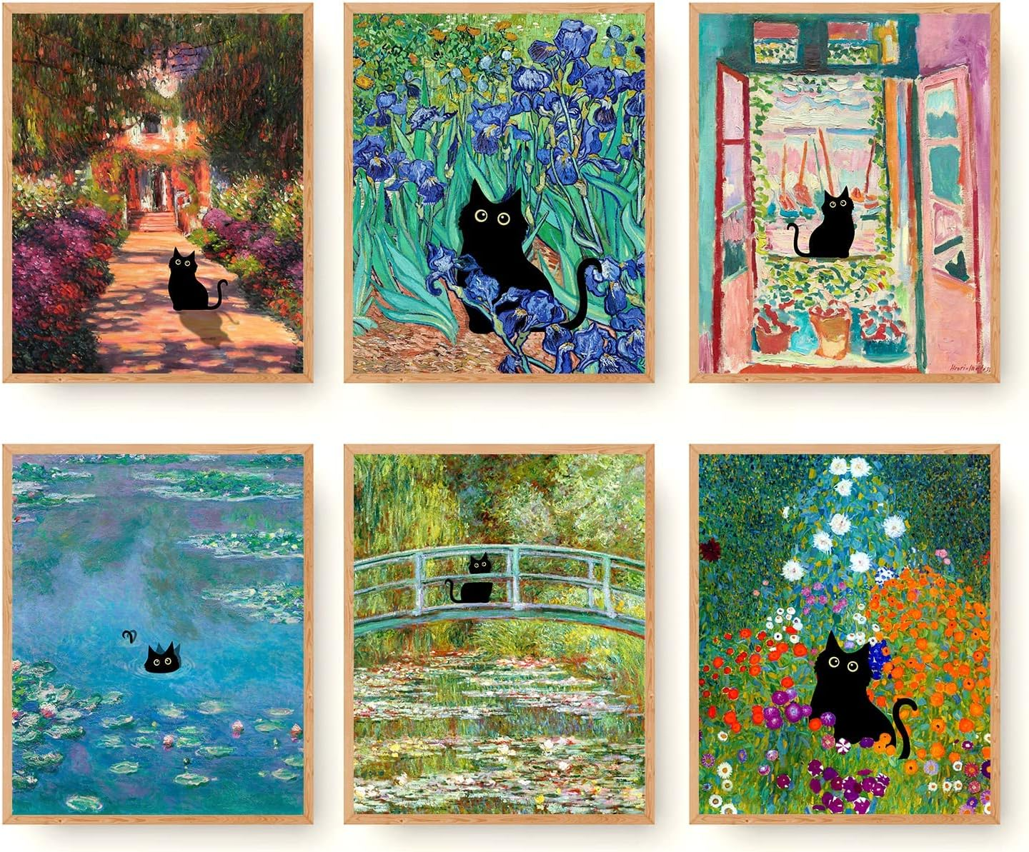 ZIENVE Funny Black Cat Wall Art Prints, Set of 6 Canvas Artwork Posters Cute Aesthetic Vintage Floral Matisse Monet Van Gogh Poster for Living Room Bedroom Room Decor, 20 X 25Cm Unframed