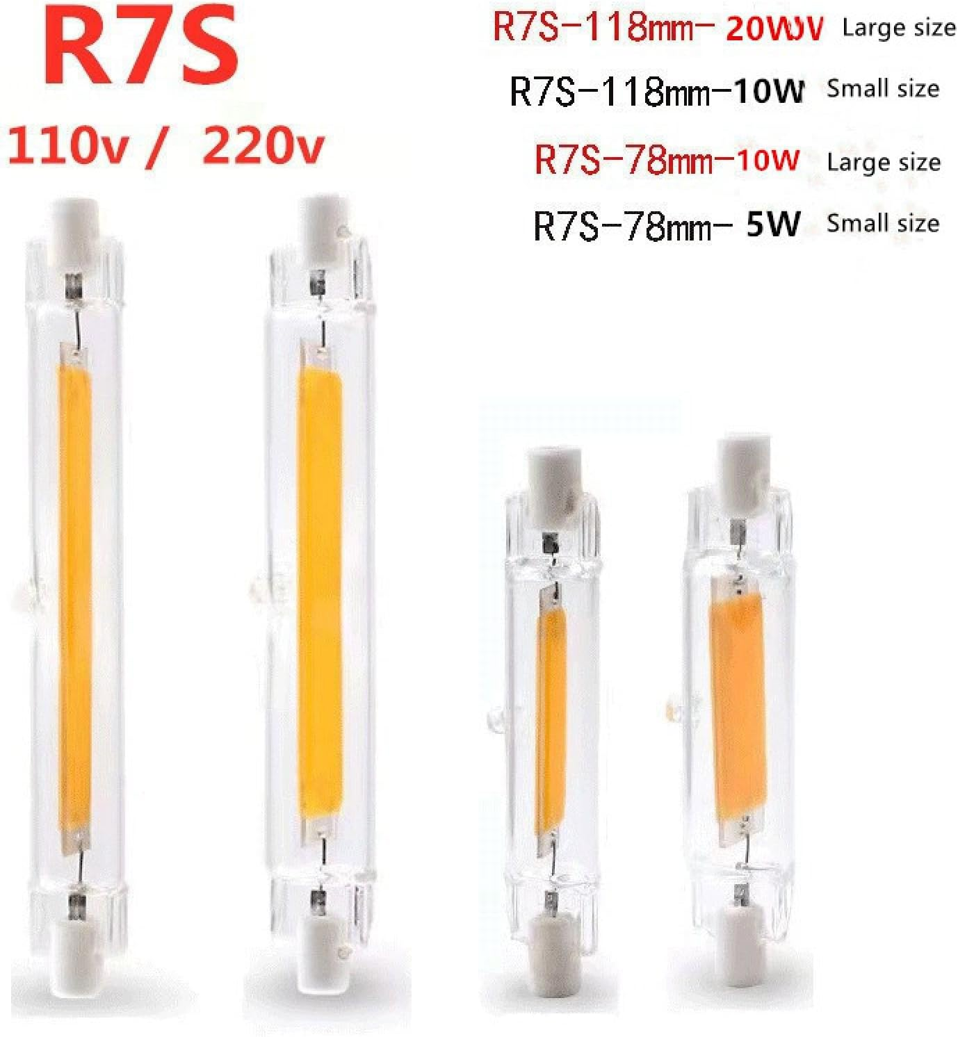 Lumetheus High Brightness LED R7S Glass Tube COB Lamp - 10W/20W, 78Mm/118Mm/189Mm Double End Replacement for Halogen Lamps 1Pcs-118Mm-20W-Warmlight - 118Mm-10W-Warmlight image number 2