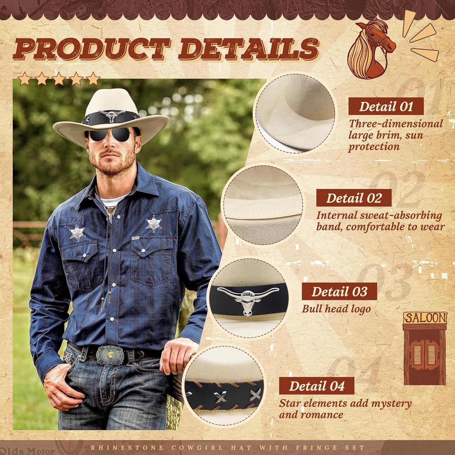 7-Piece Western Cowboy Costume Set, Cowboy Accessory Kit with Cowboy Hat, Sunglasses, Paisley Bandanas, Necklace, Badge, Bracelet for Men, Women, Halloween, Carnival Parties & Western Party image number 5