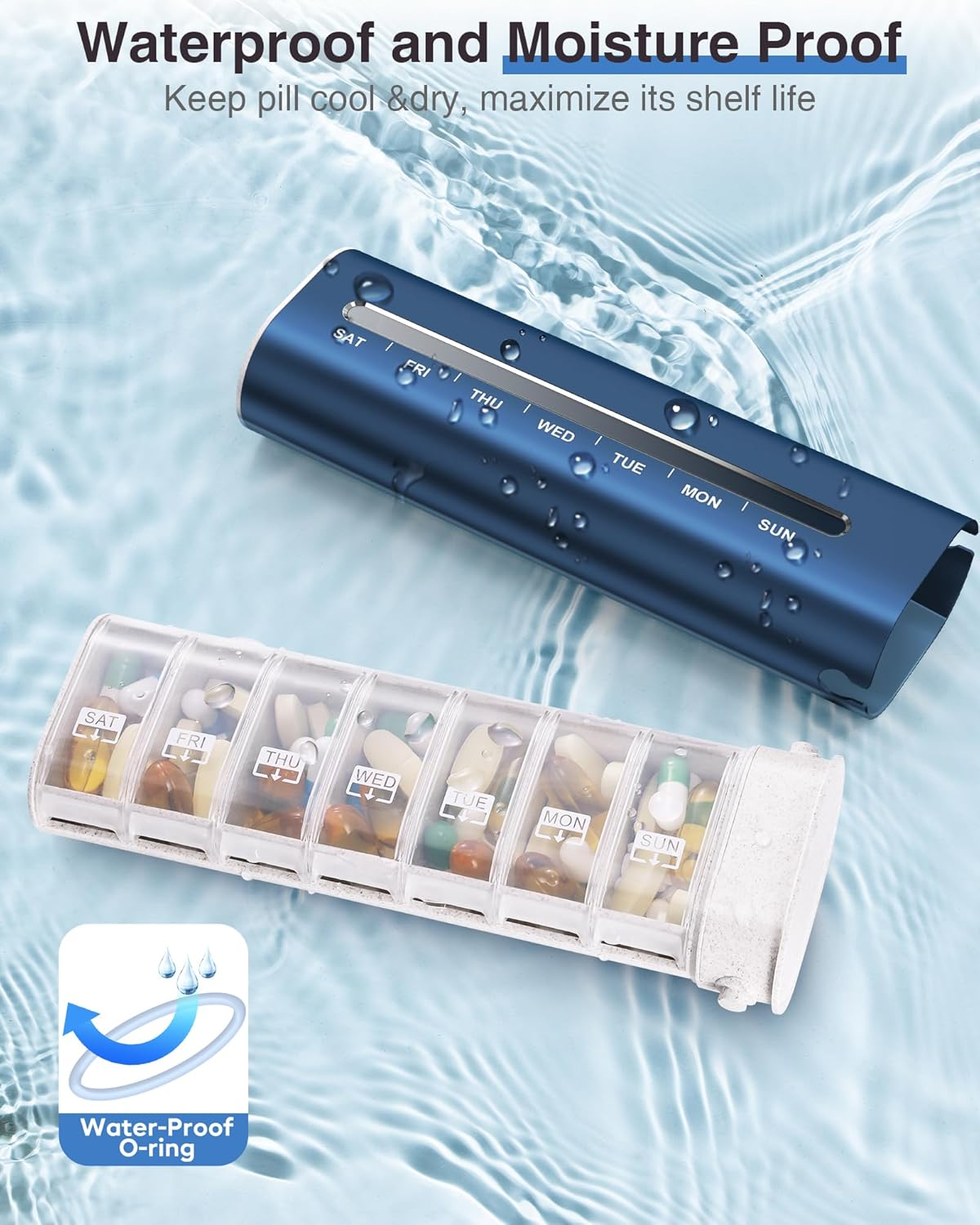 Zannaki Metal Weekly Pill Organizer, Aluminum Daily Pill Box, 7 Day Portable Travel Pill Case, Large Capacity Pill Holder Container for Pills, Medicines, Vitamins, Fish Oil, Supplements, Dark Blue image number 1