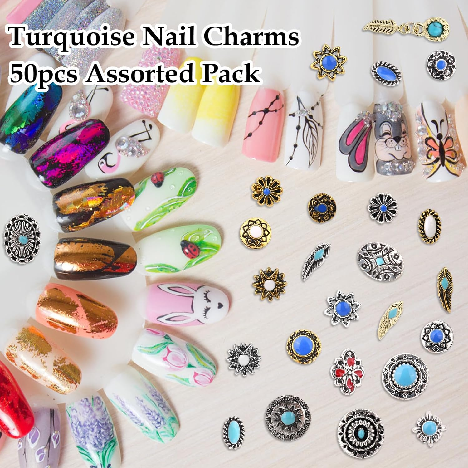 50Pcs Stylish Western Turquoise Nail Charms, Retro Metal Cowboy Nail Gems Mixed Shapes DIY Manicure Accessories for Gel & Acrylic Fingernails