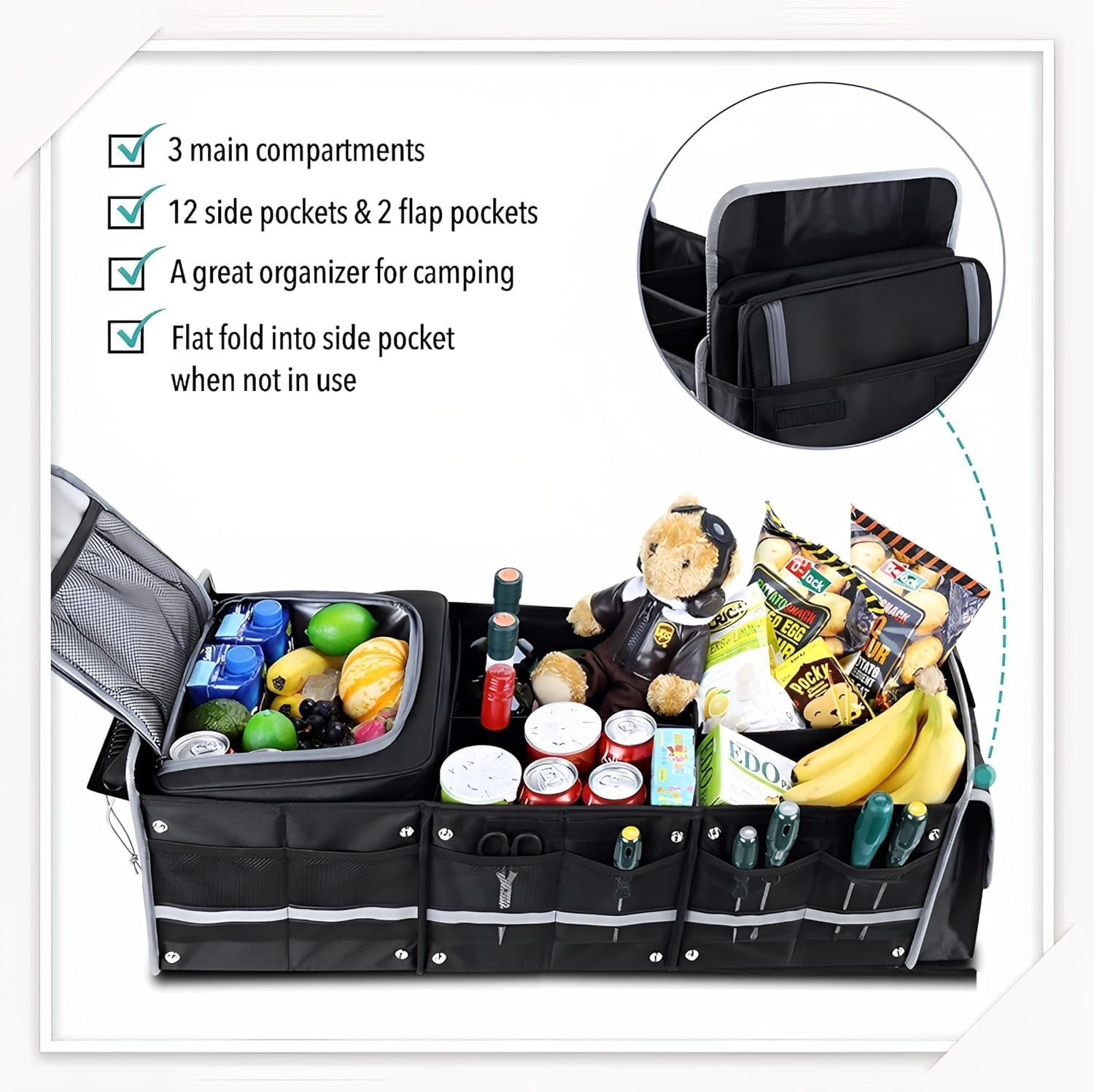 Large Car Trunk Storage Organizer with Built-In Leakproof Cooler Bag, 2 Tie-Down Straps, 4 Removable Dividers, Durable Collapsible Car Boot Organiser for SUV, Car, Sedan