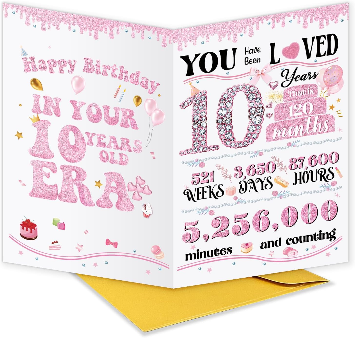10Th Birthday Card for Boys Girls, Funny Greeting Card with Several Important Time (Years/Months/Weeks/Days/Hours/Minutes), Party Decor Supply Ideas Birthday Gifts for Him or Her, Pink image number 5