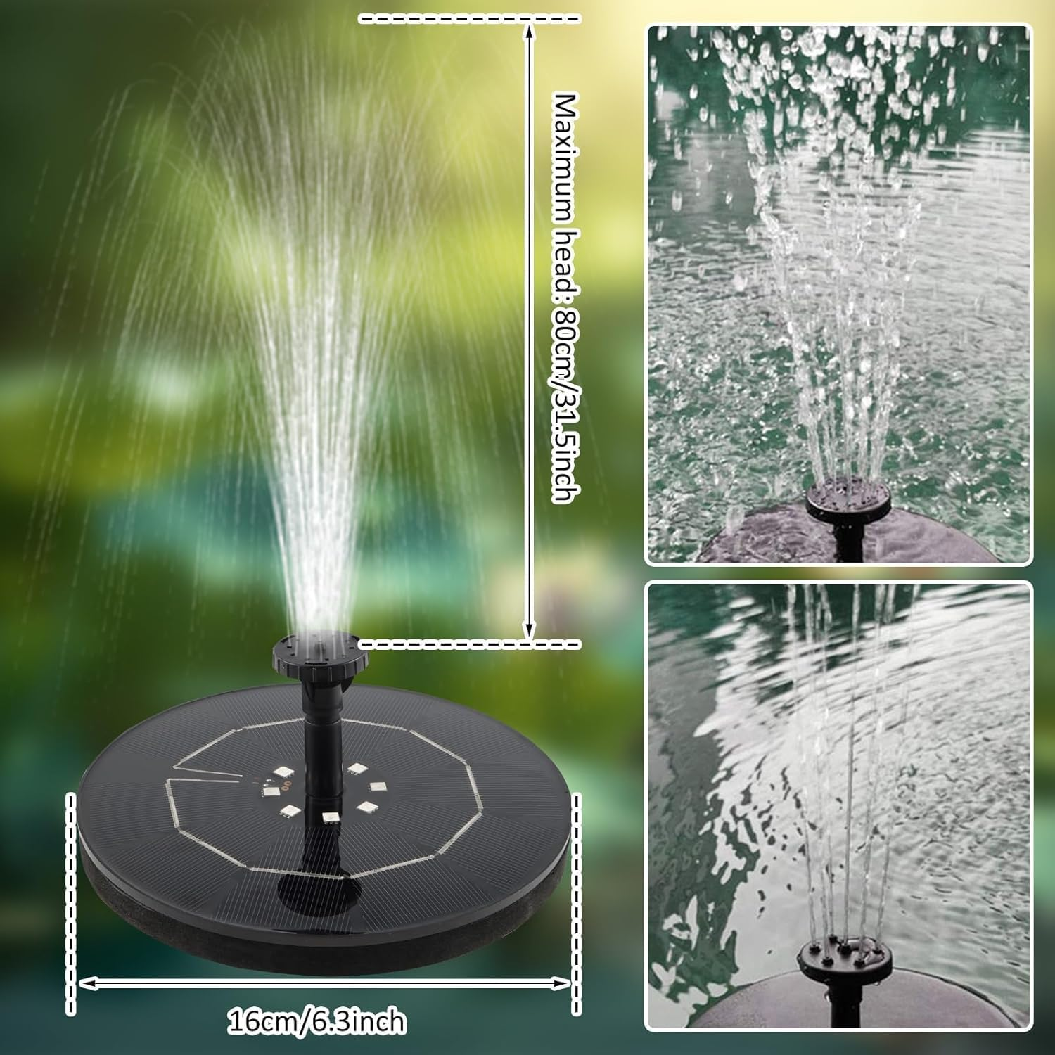 Solar Fountain, 8 Nozzle, LED Light, Rotating Stick Nozzle, Solar Bird Bath Fountain, Garden, Pond, Pool image number 1