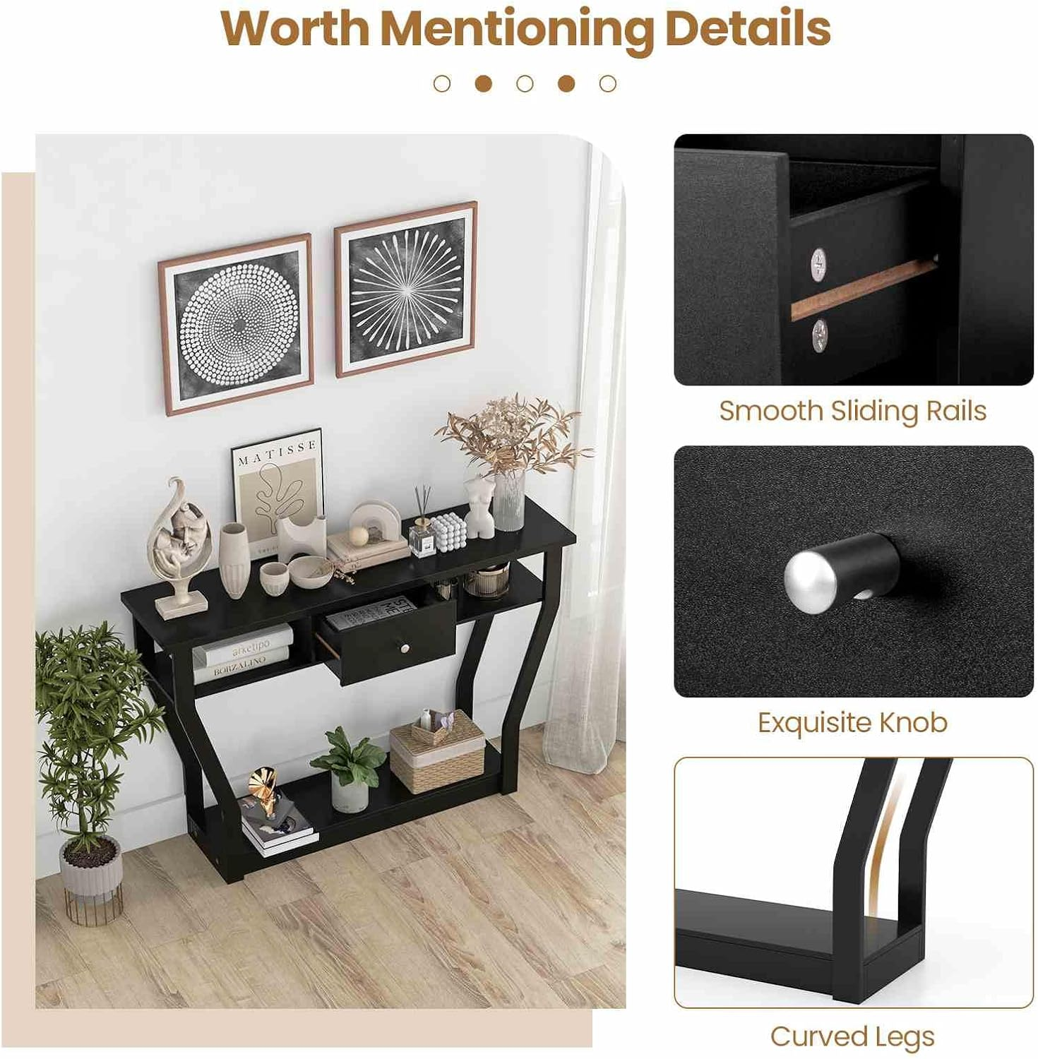 Costway Console Table, Side Table with 3-Step Storage Space and Drawer, Hallway Table for Living Room & Entrance Area & Dining Room, Loadable up to 60 Kg with Antique Tip Design, Made of MDF image number 3