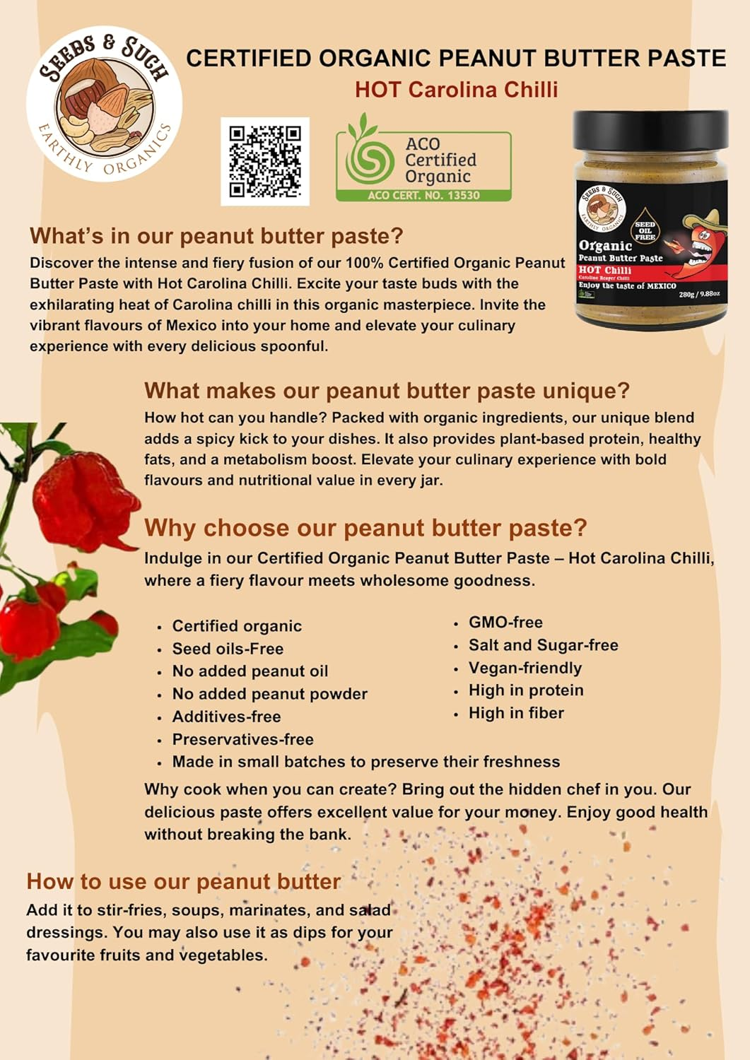 Seeds & Such Organic Peanut Butter - Hot Chilli 280G image number 1