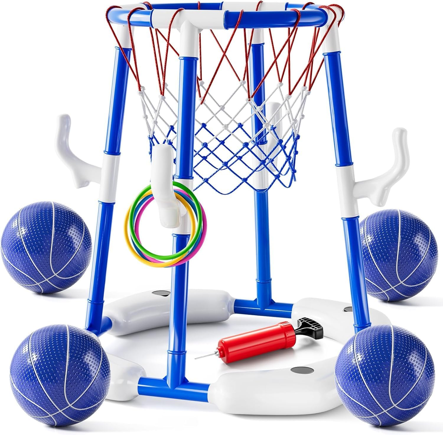 Basketball Hoop Toys for Kids Ages 4-8 8-12 & Adult, Summer Outdoor Swimming Pool Games Water Play Toys Family Party for Kids, 2 In1 Pool Basketball Hoop & Ring Game with 4 Balls 12 Rings & Pump