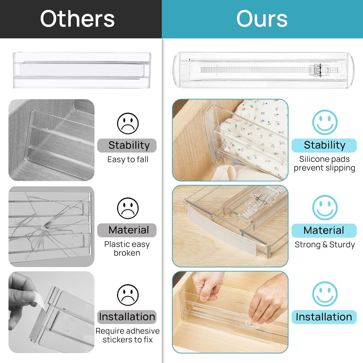 12PACK Drawer Dividers,Adjustable Clear Drawer Organisers, Expandable 28.7&ndash;50.5Cm and 8Cm High Drawers Separators for Bedroom Clothing, Kitchen Utensils, Bathroom & Office Organization and Storage image number 3