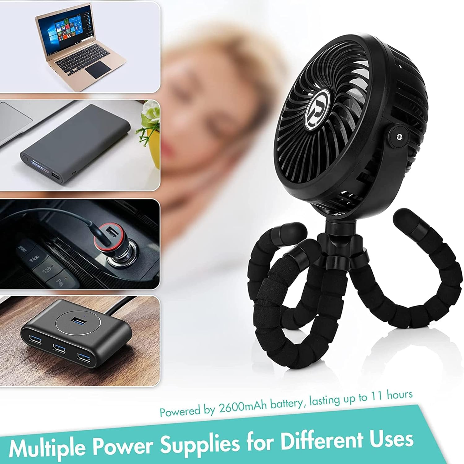 Winique Stroller Fan,2600Mah Battery Powered Car Seats Clip-On Fan Ultra Quiet 3 Speed 360&deg; Rotatable Personal USB Desk Fan with LED Lights for Car/Stroller/Bike/Camping/Bbq/Gym