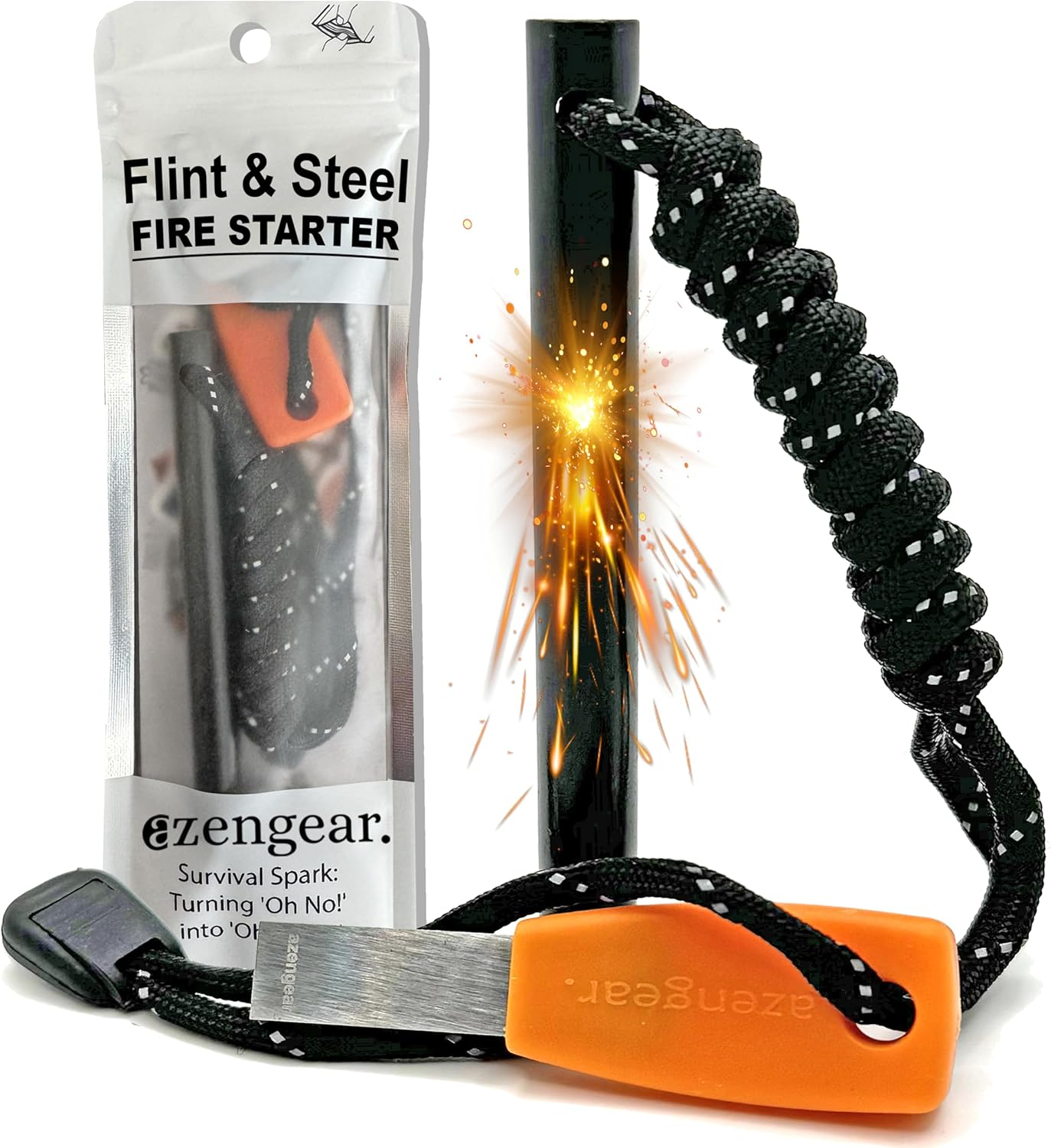 Camping Flint and Steel Fire Starter, 10X100Mm (0.4X4In) Ferro Rod, HSS Striker, Paracord, Waterproof Outdoor Survival Kit Azengear