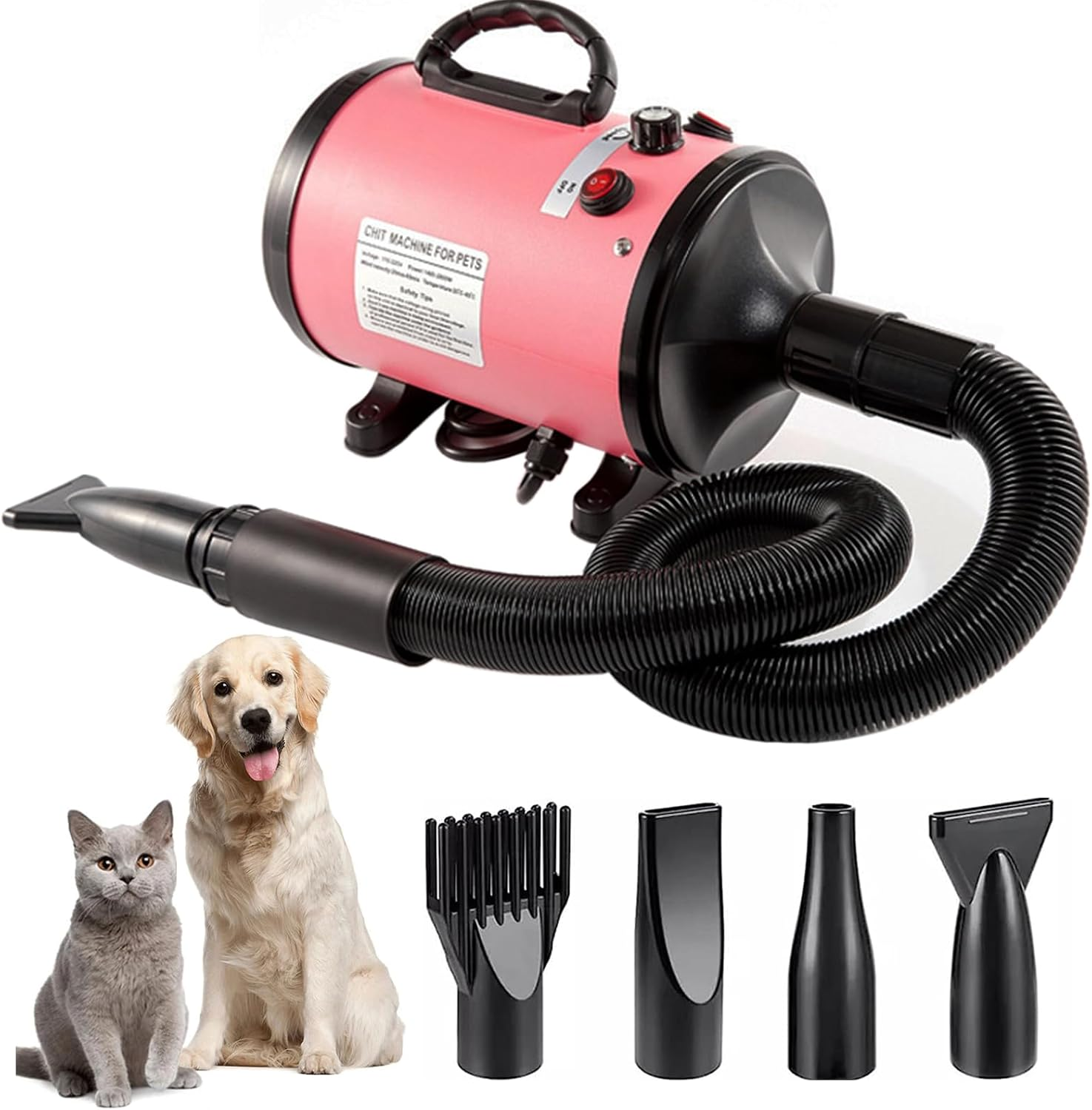 Dog Hair Dryer Pet Dryer, 2800 W Blower Dog Hair Dryer, Very Quiet Adjustable Speed and Heat, Dog Dryer Pet Dog Grooming Hair Dryer Blower with 4 Different Nozzles (Pink) image number 3