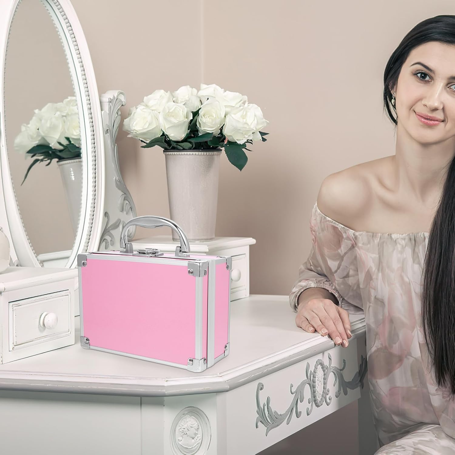 PHENOFICE Portable Aluminum Alloy Cosmetic Case Small Pink Makeup Organizer Travel Tool Storage Box with Handle for Makeup Artists and Hairstylists Briefcase image number 1
