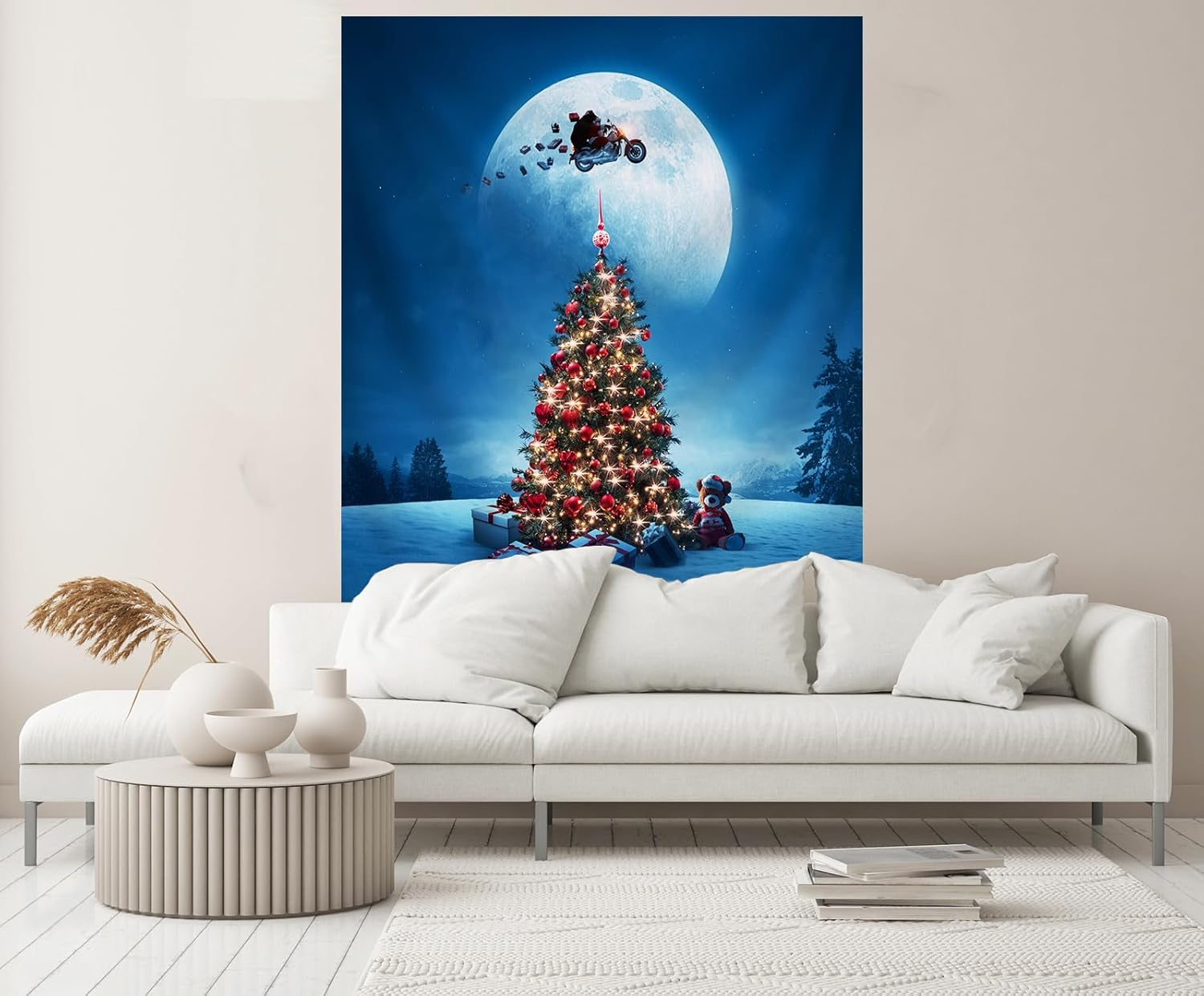 5X7Ft Christmas Tree Backdrop Winter Wonderland Santa Claus Full Moon Pine Forest Gift Boxes Bear Starry Sky Background Winter Christmas Eve New Year Party Decor Photo Booth Studio Props image number 4