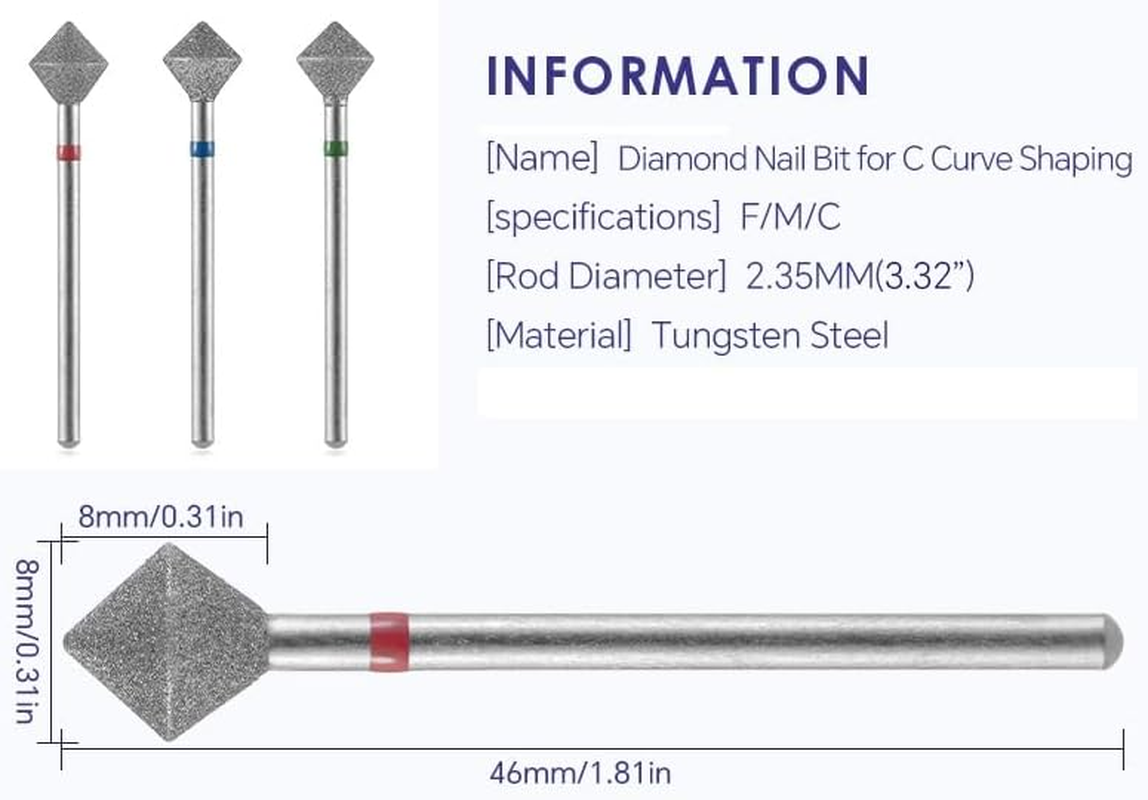 Rolabling Diamond Nail Bit for C Curve Shaping Manicure Drilling for Nail Gel Polish Removal Nail Accessories Tool Suitable for Most Drill Machine (M) image number 1