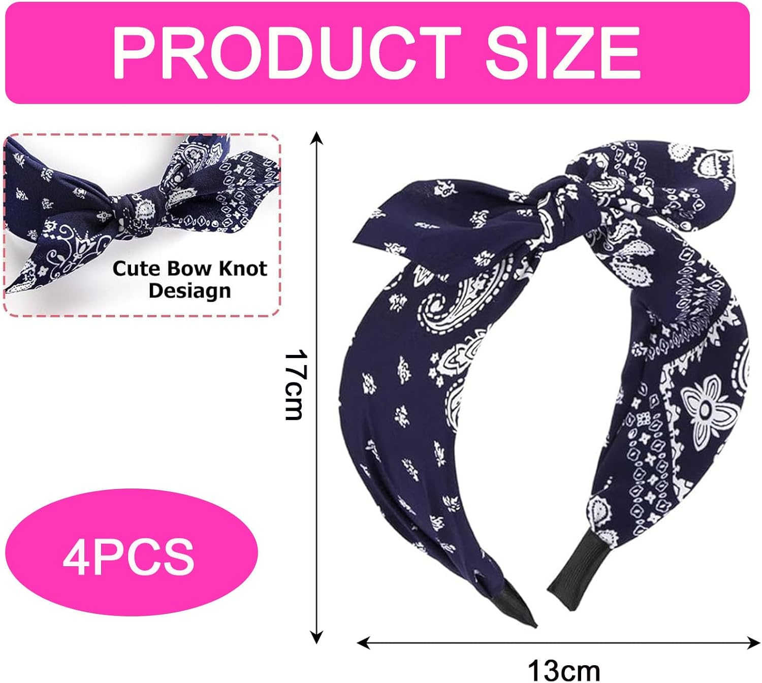 Pack of 4 Wide Paisley Headbands, Bow Hair Bands, Vintage Headband with Knots, Rockabilly Headbands, Turban, Elastic Hair Bands, Non-Slip Hair Accessories, Hair Accessories for Women and Girls