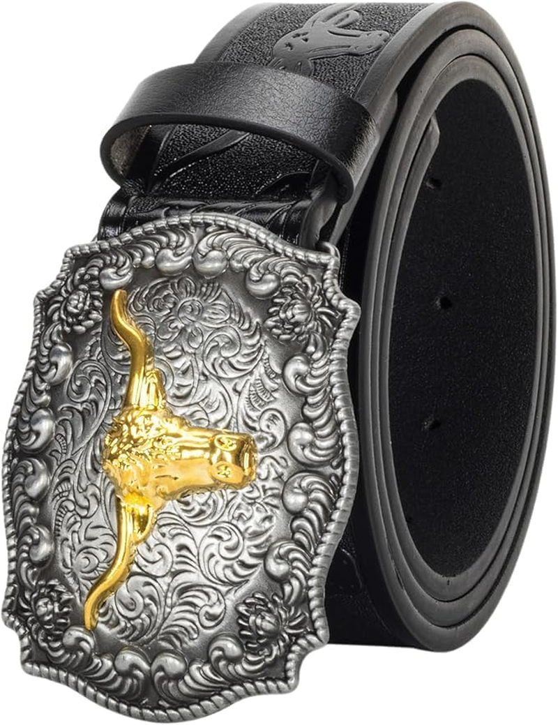 Western Leather Cowboy Belt for Men and Women - Engraved Floral Longhorn Bull Buckle for Jeans image number 3
